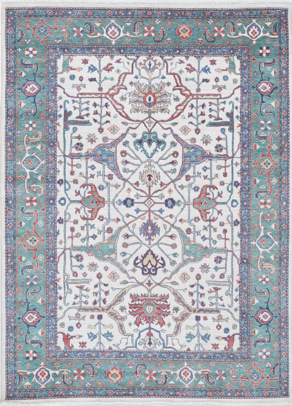 Ivory & Teal Oriental Wool Area Rug – Vegetable Dyed Floral Design