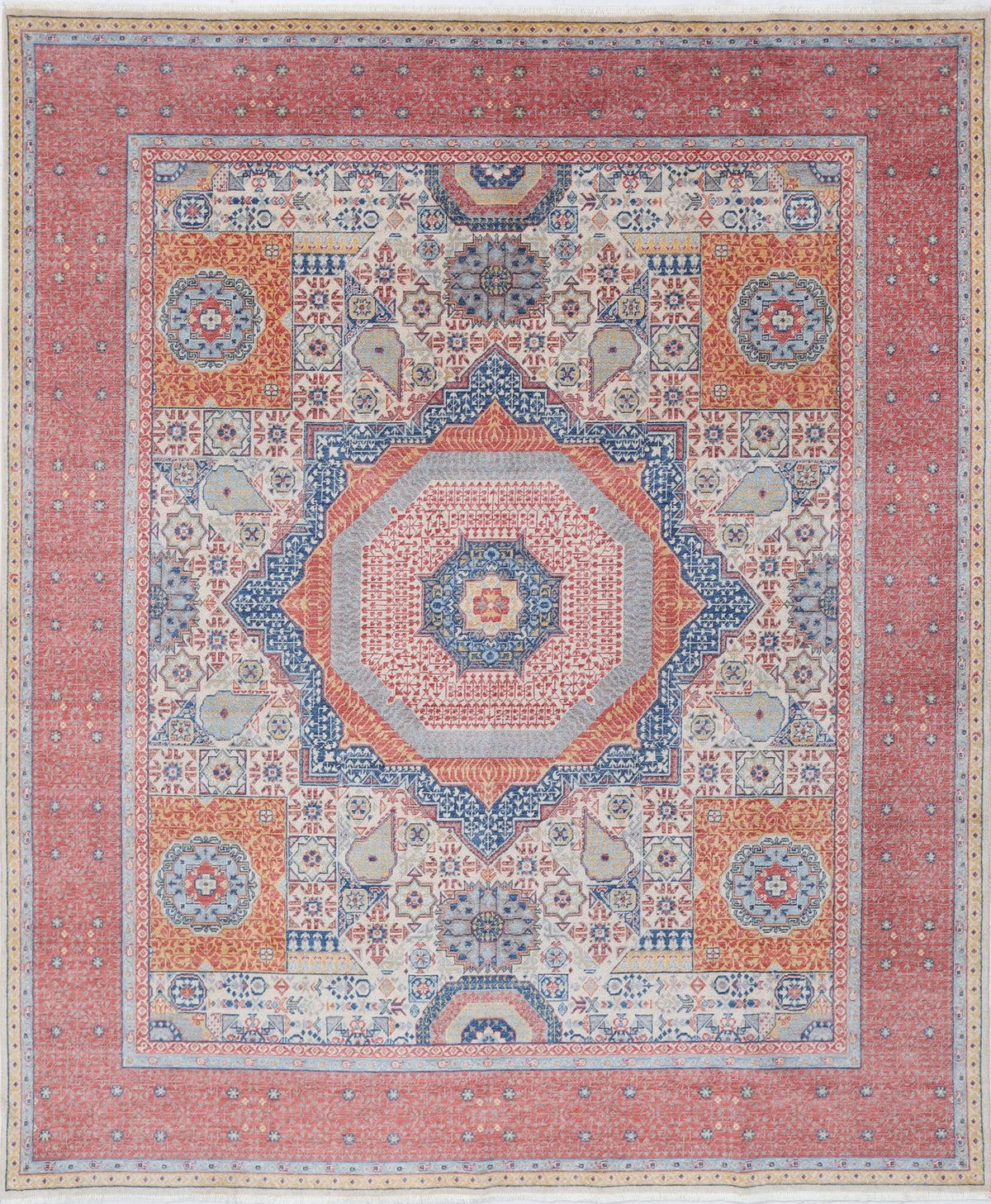 Coral Red Oriental Wool Area Rug – Vegetable Dyed Blue Geometric Medallion