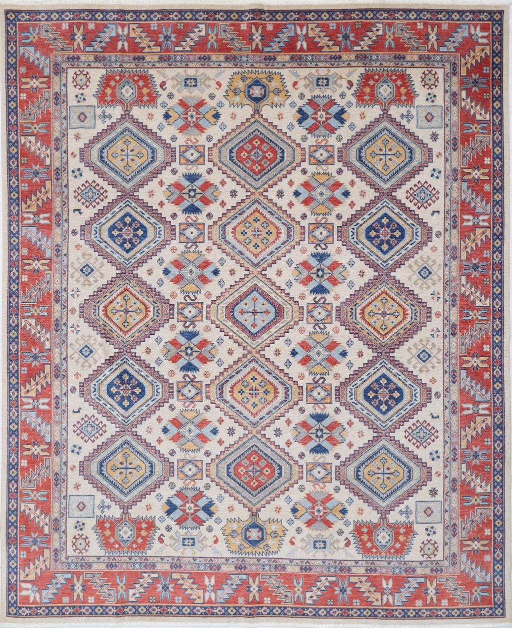 Ivory Oriental Wool Area Rug – Vegetable Dyed Red & Blue Geometric Design
