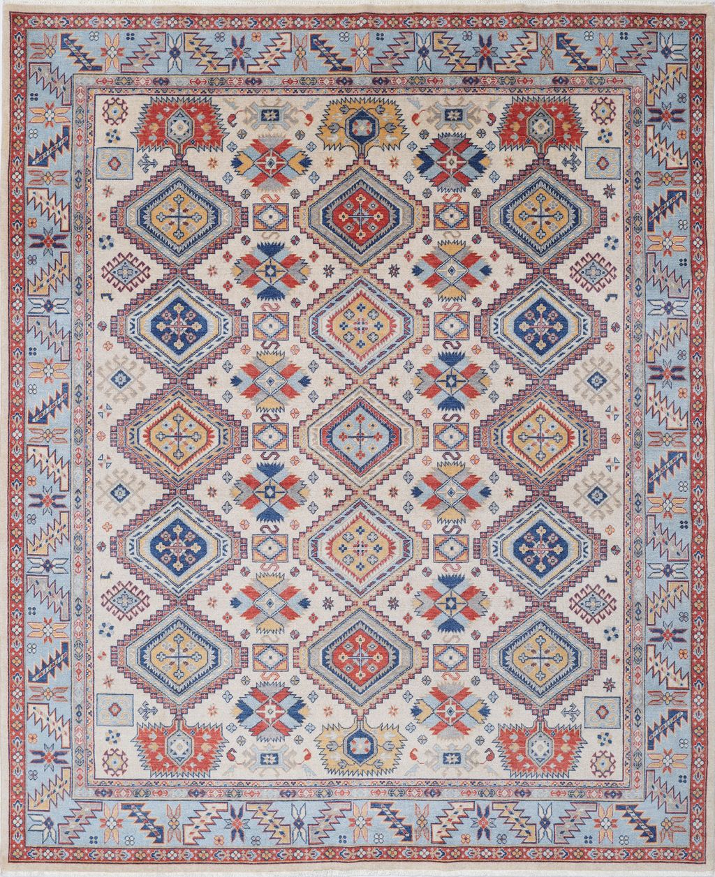 Ivory & Light Blue Oriental Wool Area Rug – Vegetable Dyed Geometric Design