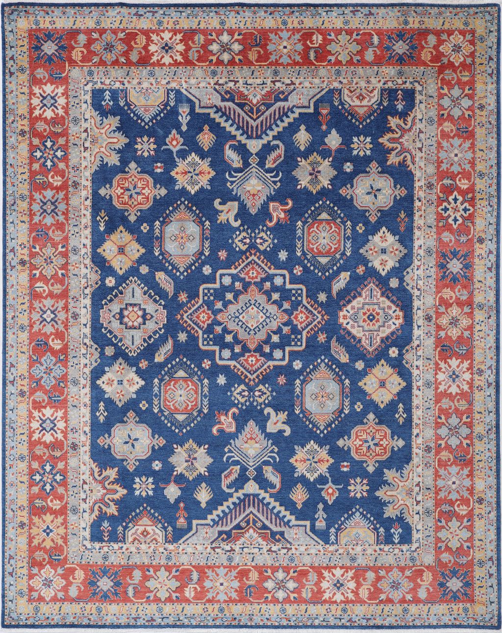 Navy Blue Oriental Wool Area Rug – Vegetable Dyed Red Geometric Medallion