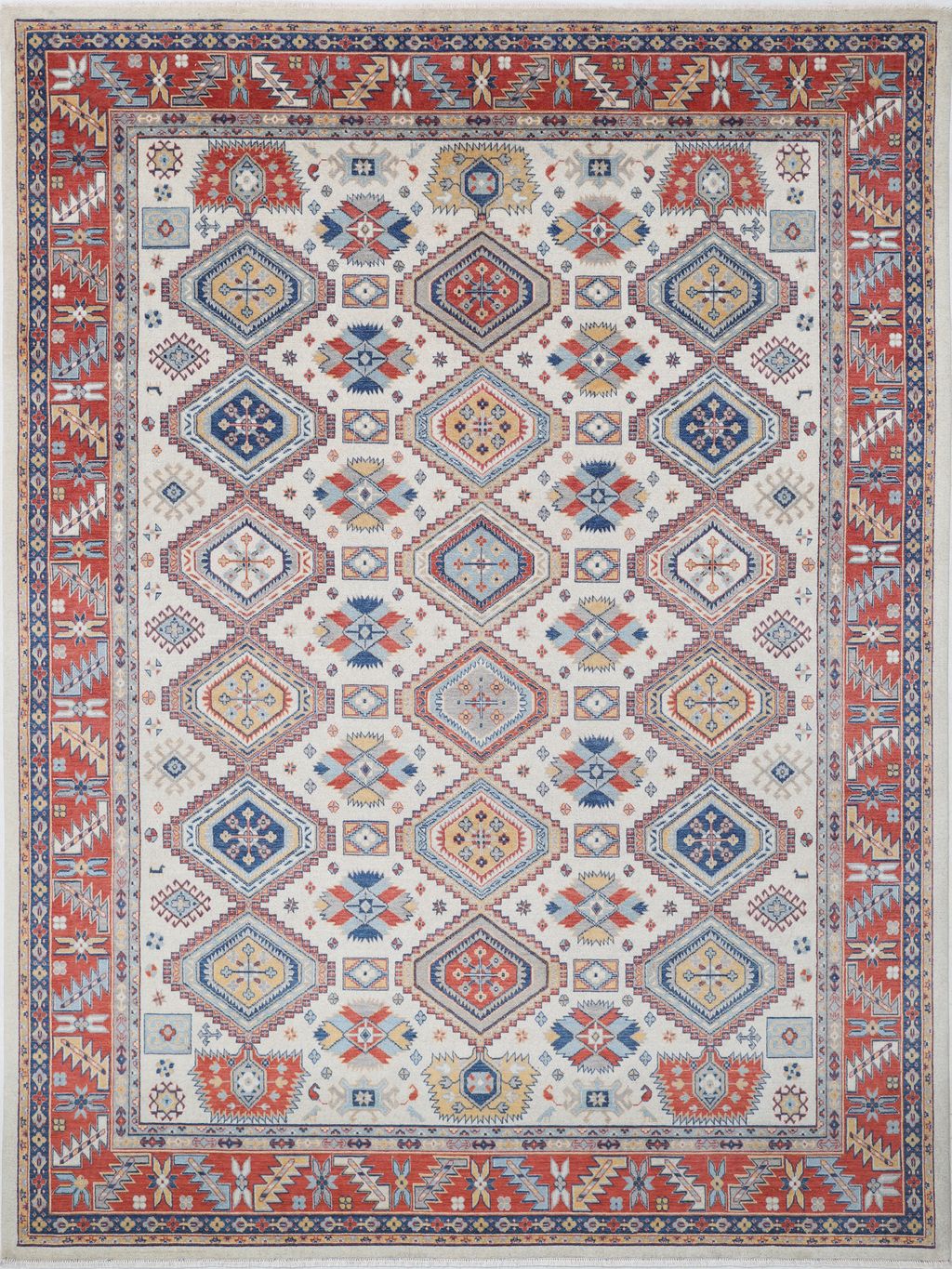 Ivory Oriental Wool Area Rug – Vegetable Dyed Red & Blue Geometric Design