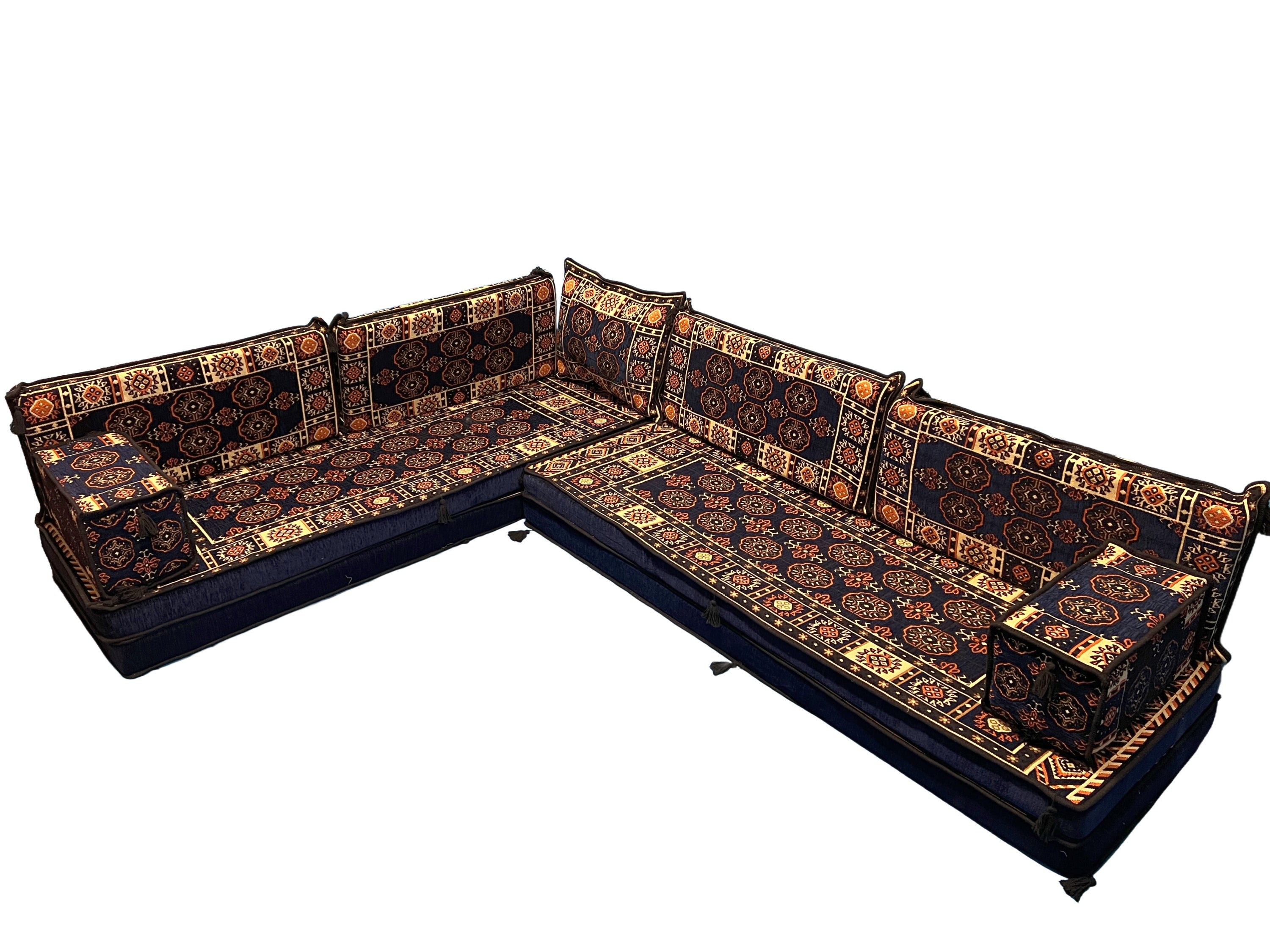 Navy Blue L-Shaped Sofa Set, Bukhara Floor Seating Sectional Modular Couch Set