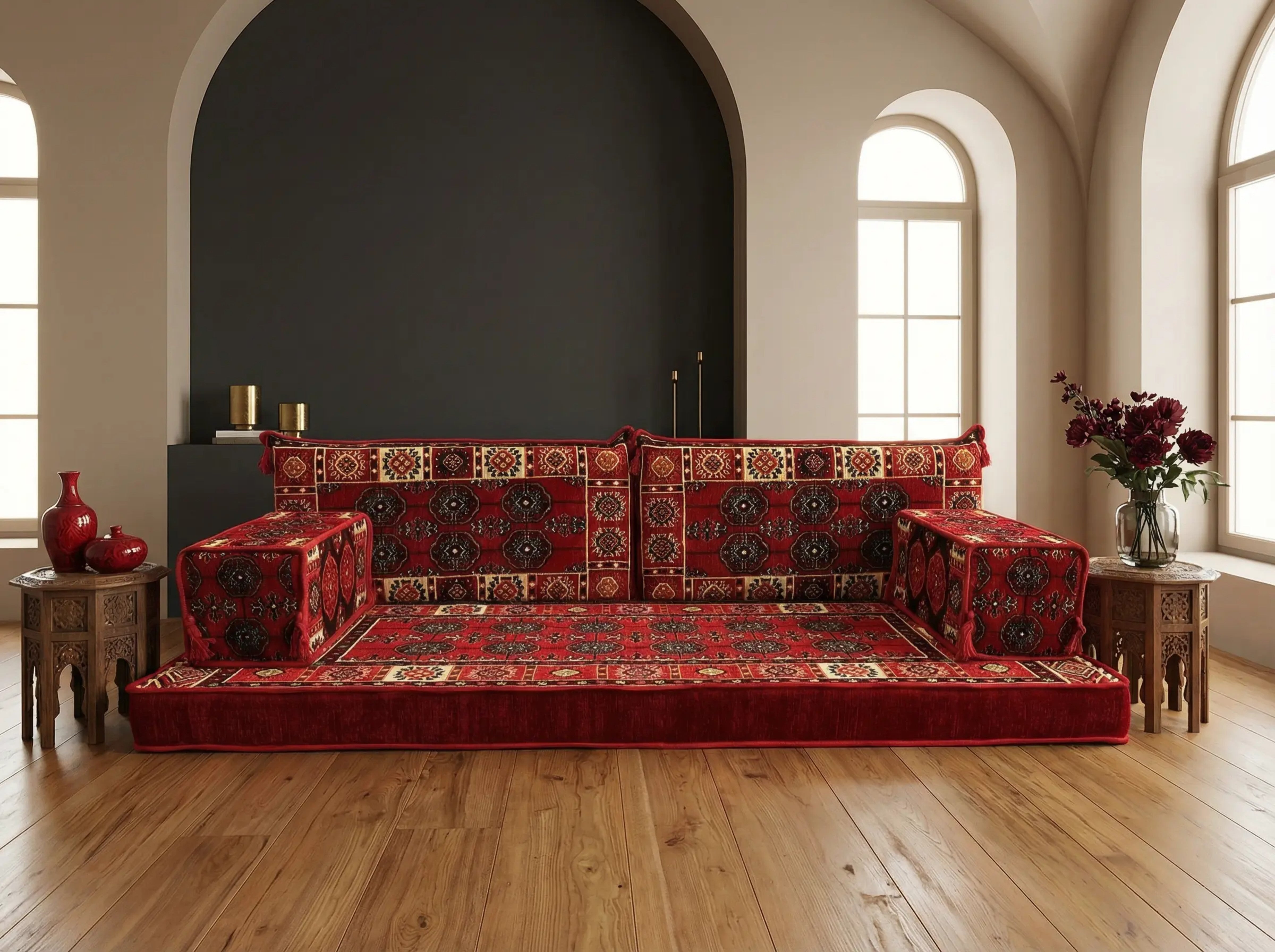 Red Loveseat Sofa Set, Bukhara Floor Seating Sectional Modular Couch Set