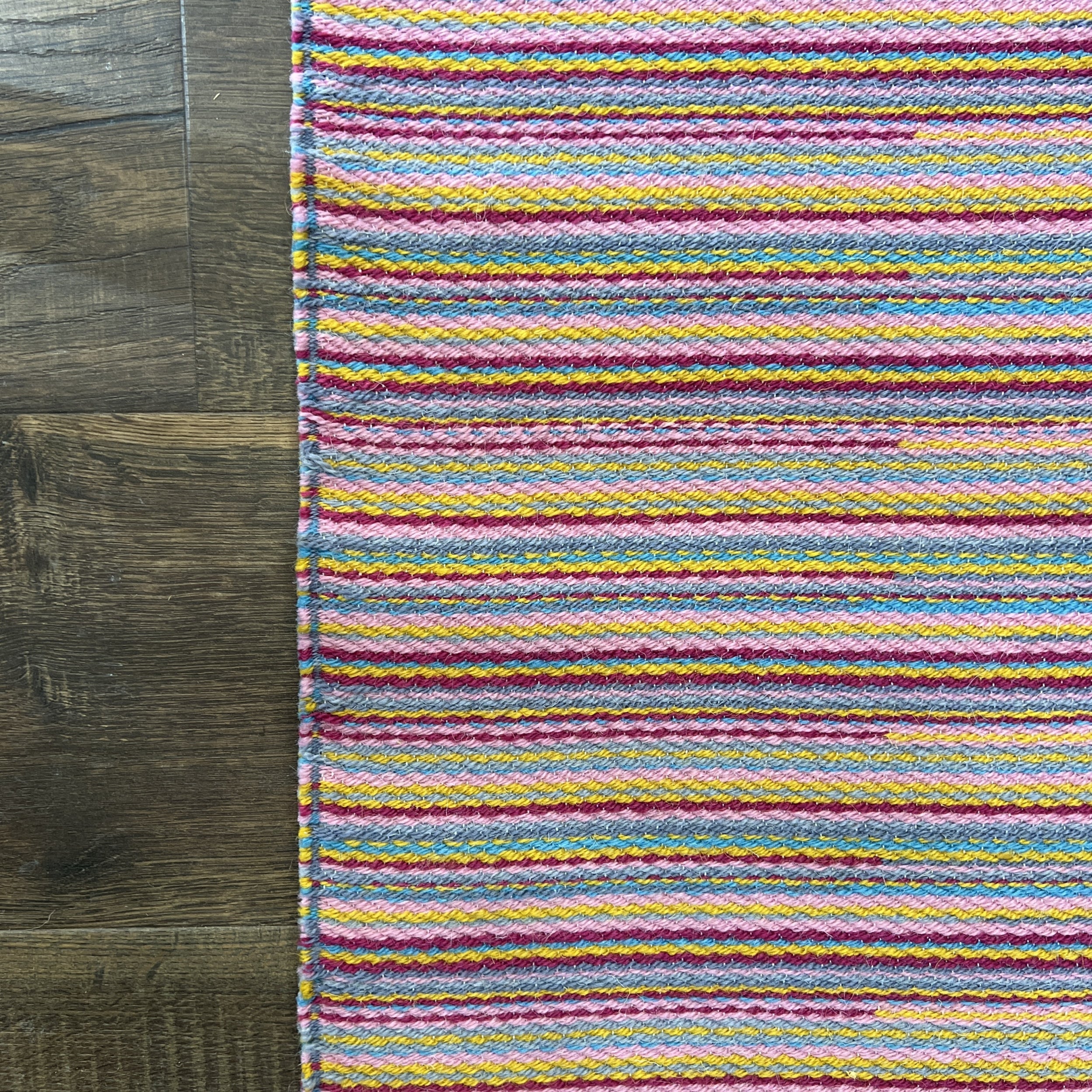 Pink Turkish Kilim Rug – Colorful Wool Flat-Weave with Bohemian Striped Pattern