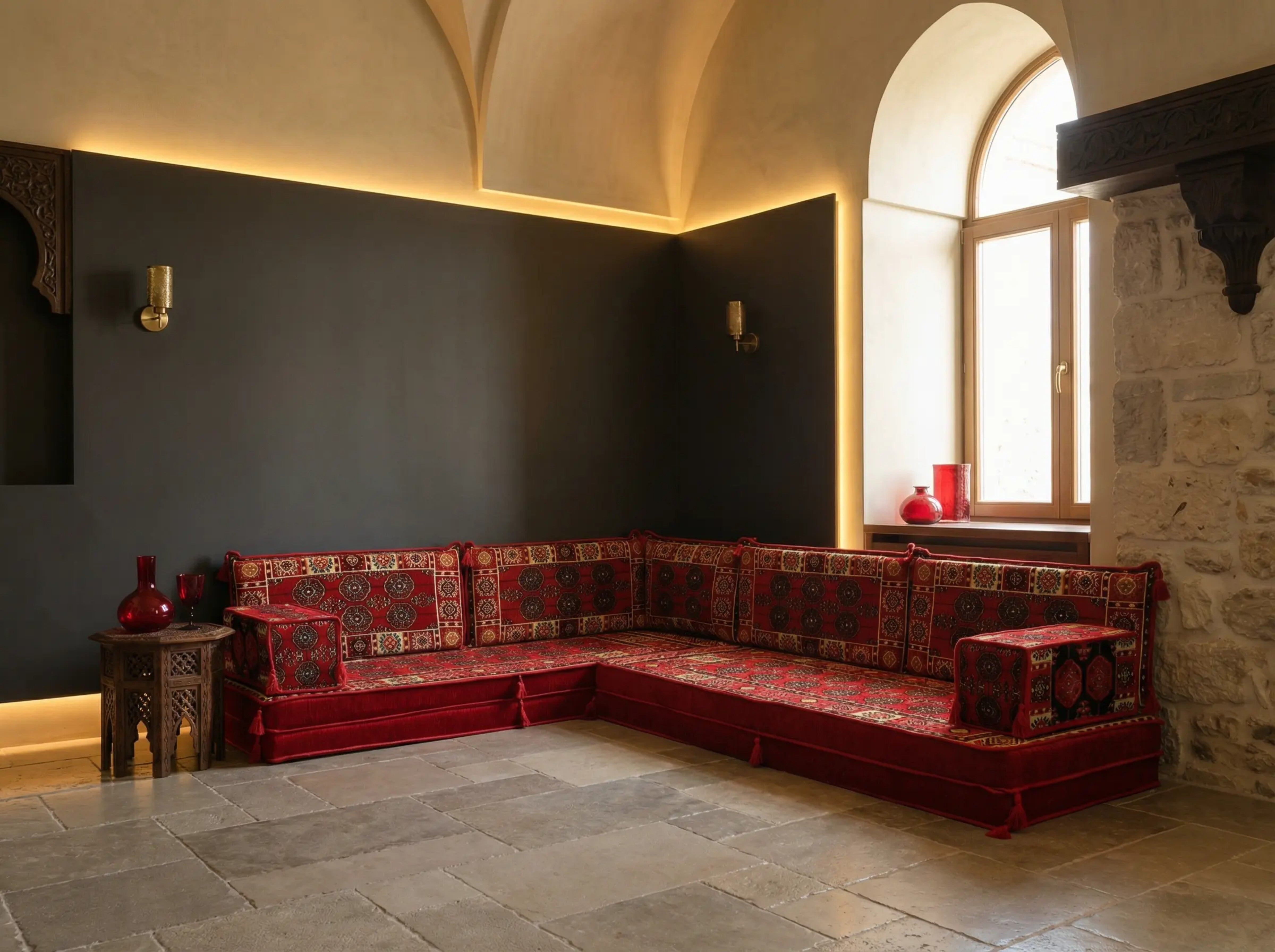 Red L-Shaped Sofa Set, Bukhara Floor Seating Sectional Modular Couch Set (Copy)
