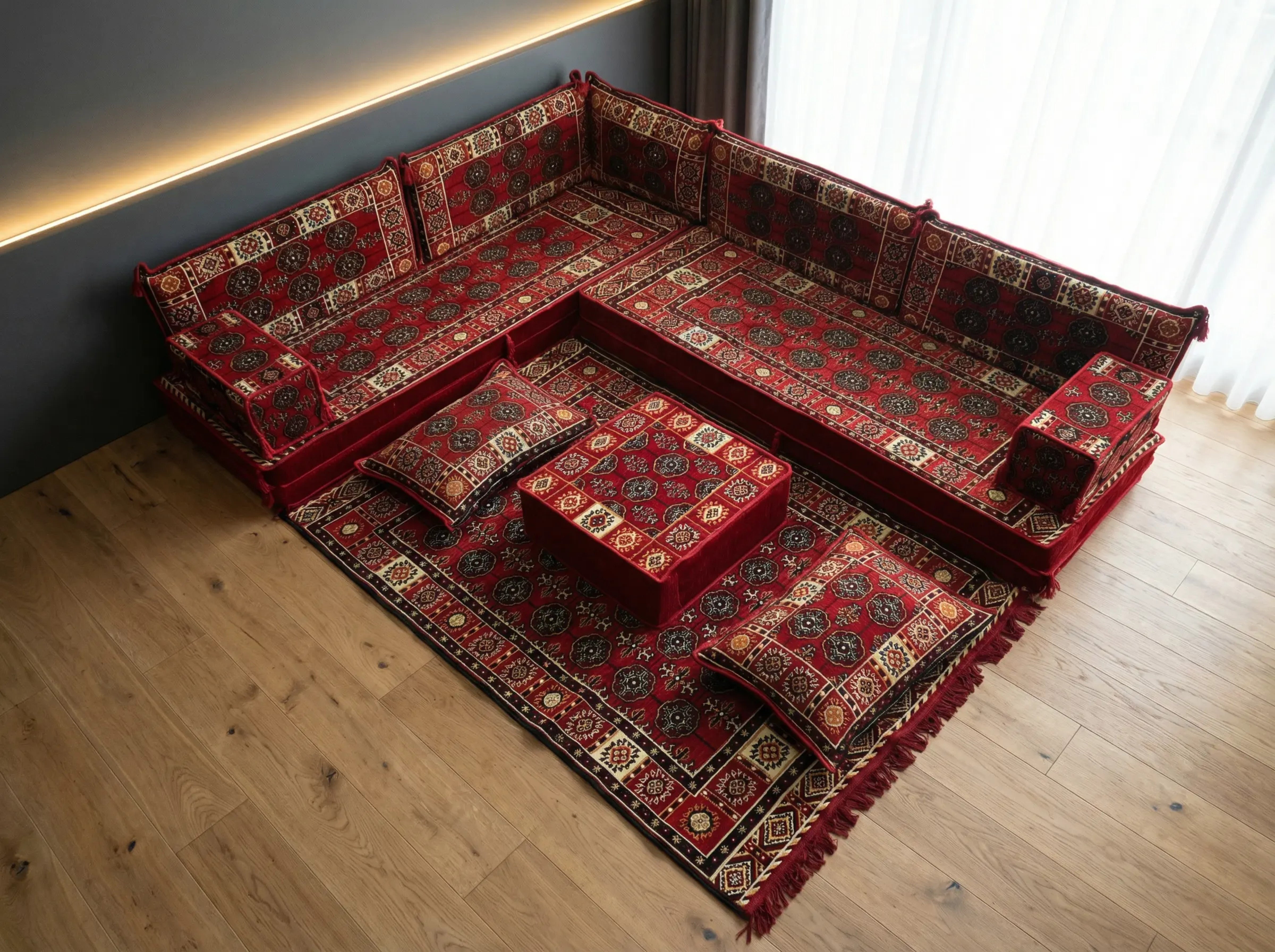 Red L-Shaped Sofa Set, Bukhara Floor Seating Sectional Modular Couch Set (Copy)