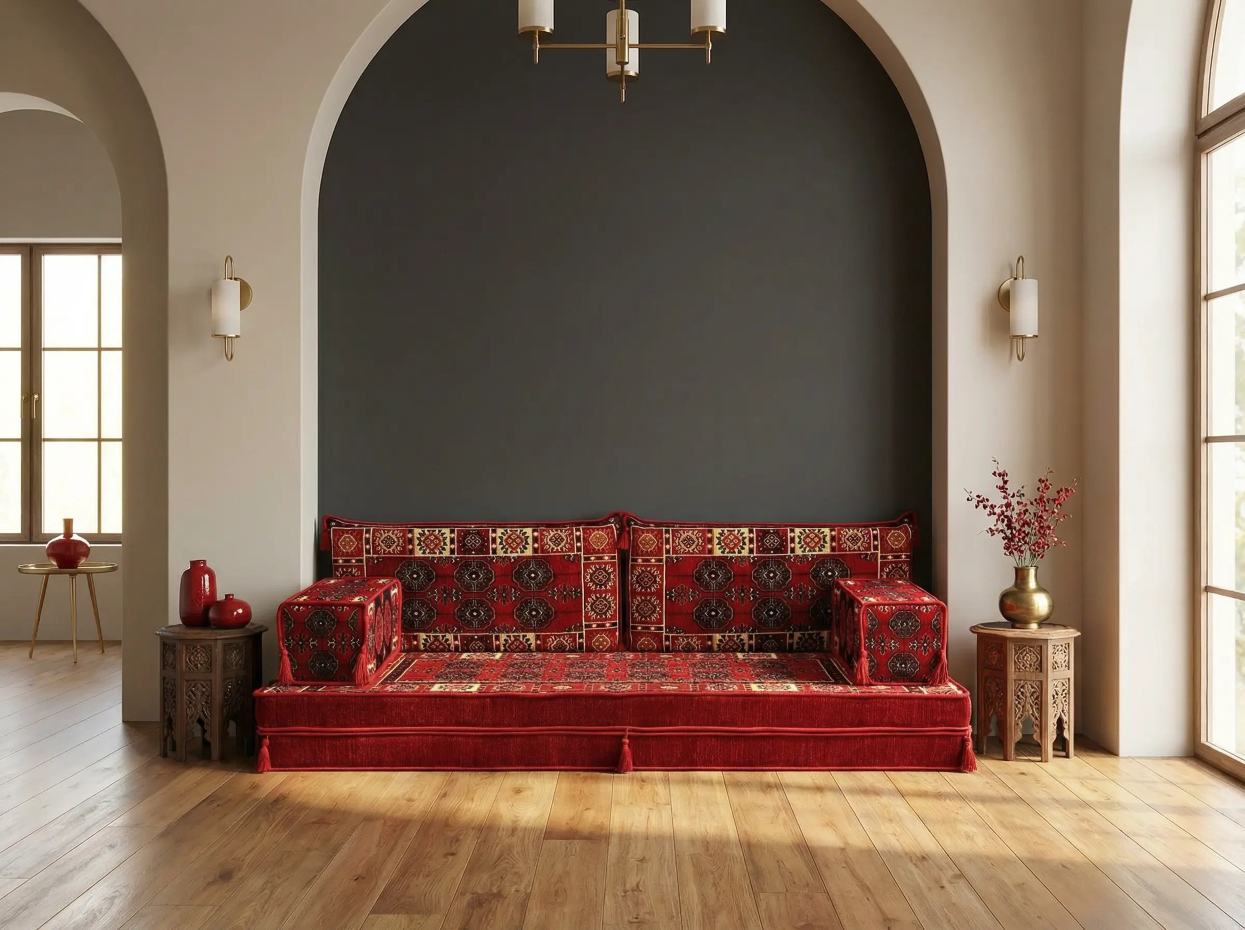 Red Loveseat Sofa Set, Bukhara Floor Seating Sectional Modular Couch Set