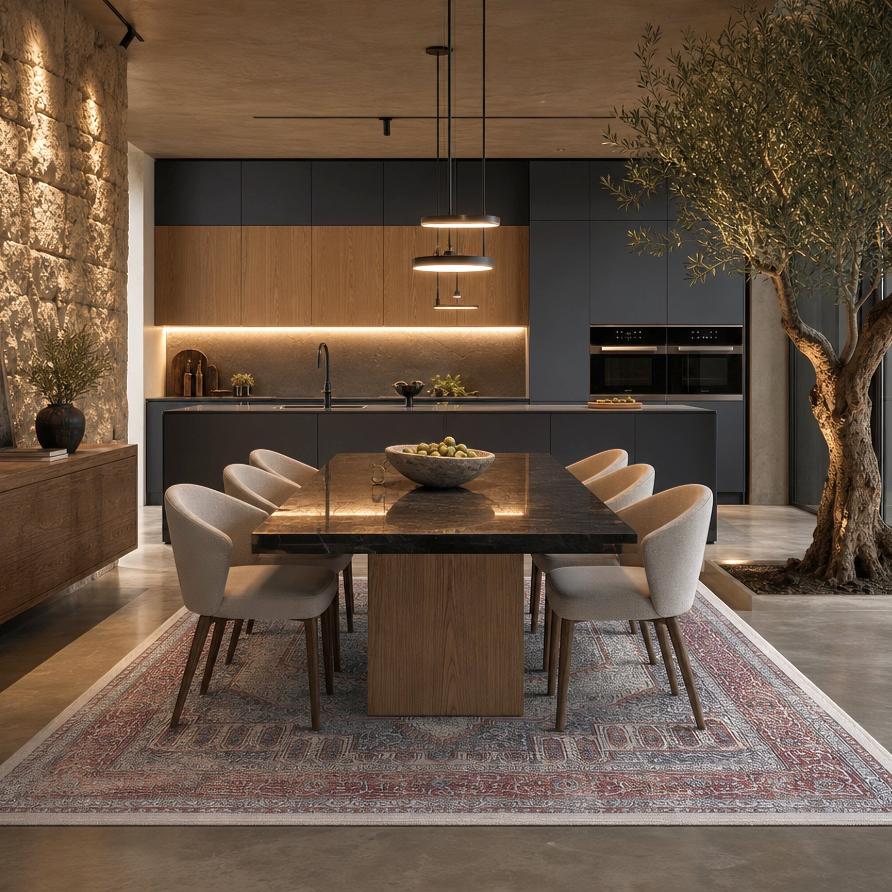 Modern kitchen with a dining area featuring a wooden table on a luxurious turkish terracotta colored rug.