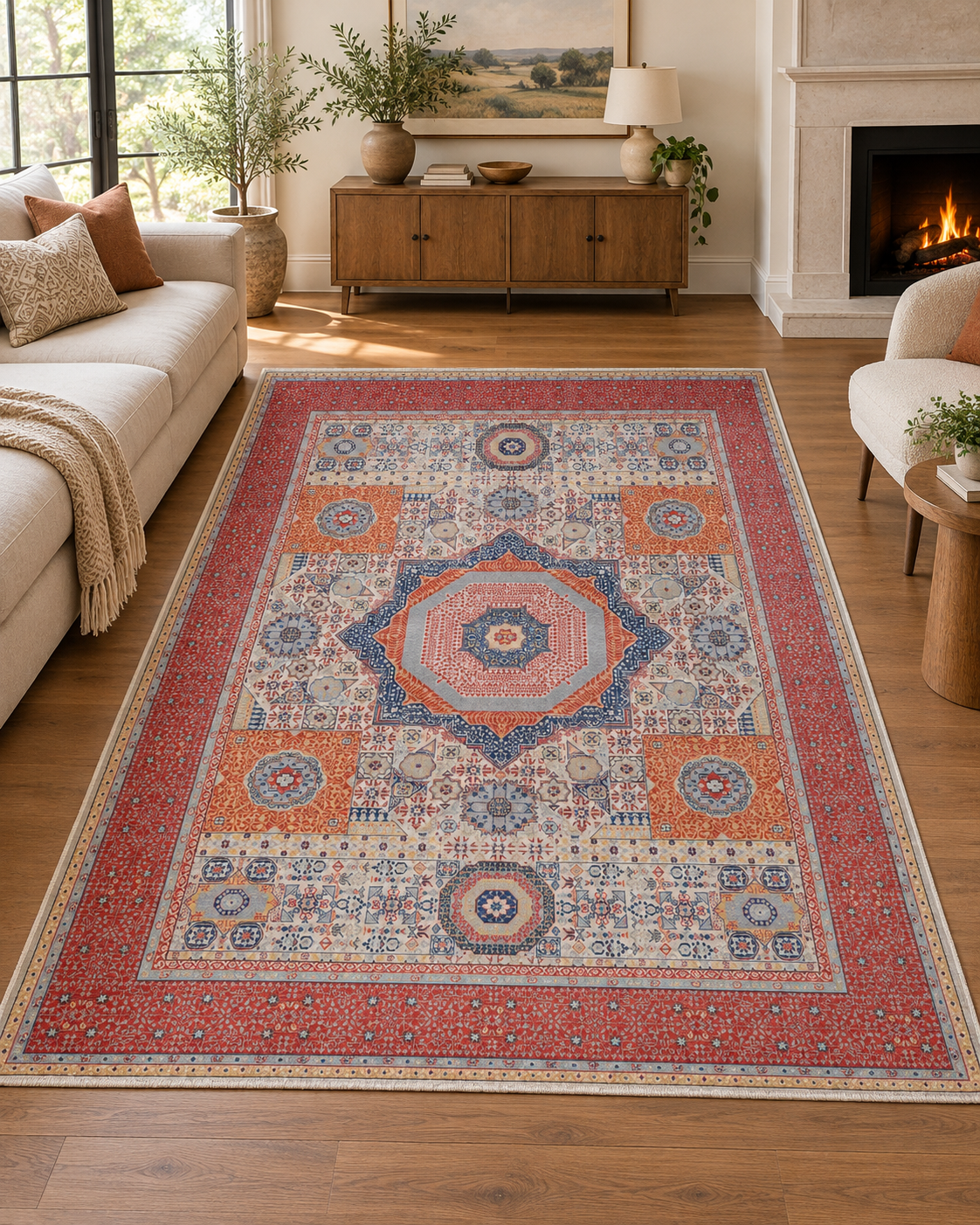 Coral Red Oriental Wool Area Rug – Vegetable Dyed Blue Geometric Medallion
