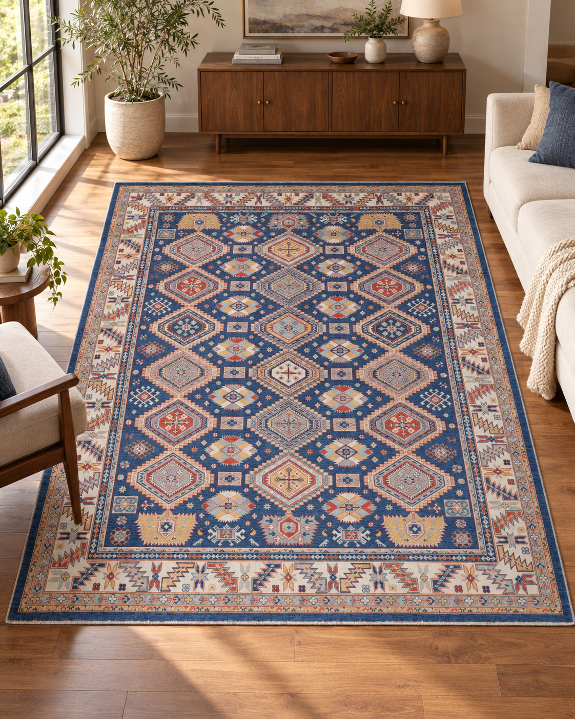 Navy Blue Oriental Wool Area Rug – Vegetable Dyed Geometric Medallion Design