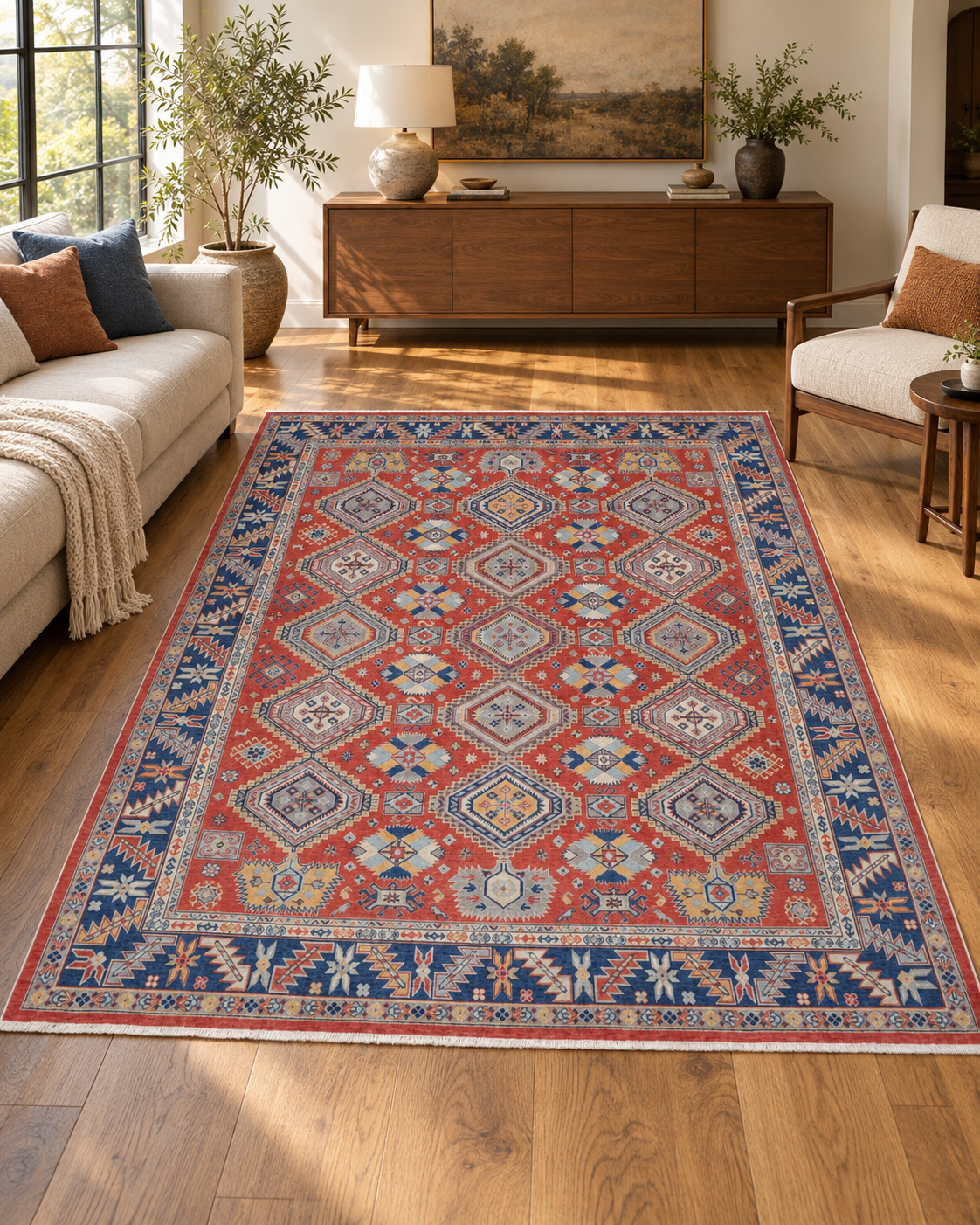 Red Oriental Area Rug – Vegetable Dyed Wool, Blue Geometric Design