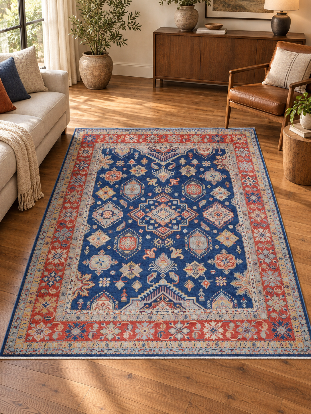 Navy Blue Oriental Wool Area Rug – Vegetable Dyed Red Geometric Medallion