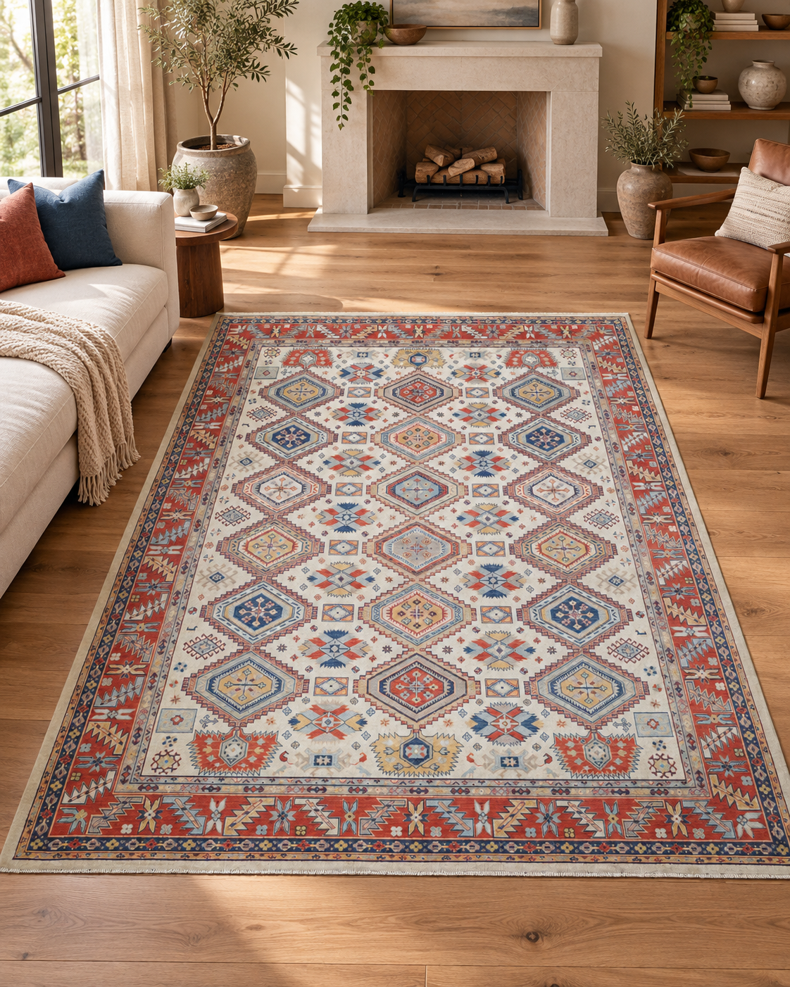 Ivory Oriental Wool Area Rug – Vegetable Dyed Red & Blue Geometric Design