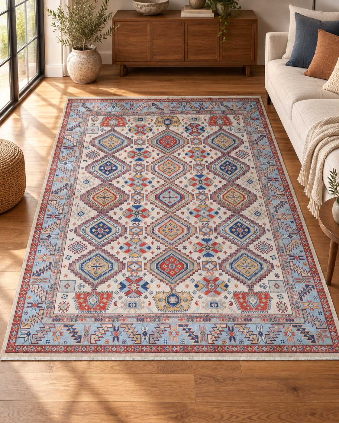 Ivory & Light Blue Oriental Wool Area Rug – Vegetable Dyed Geometric Design