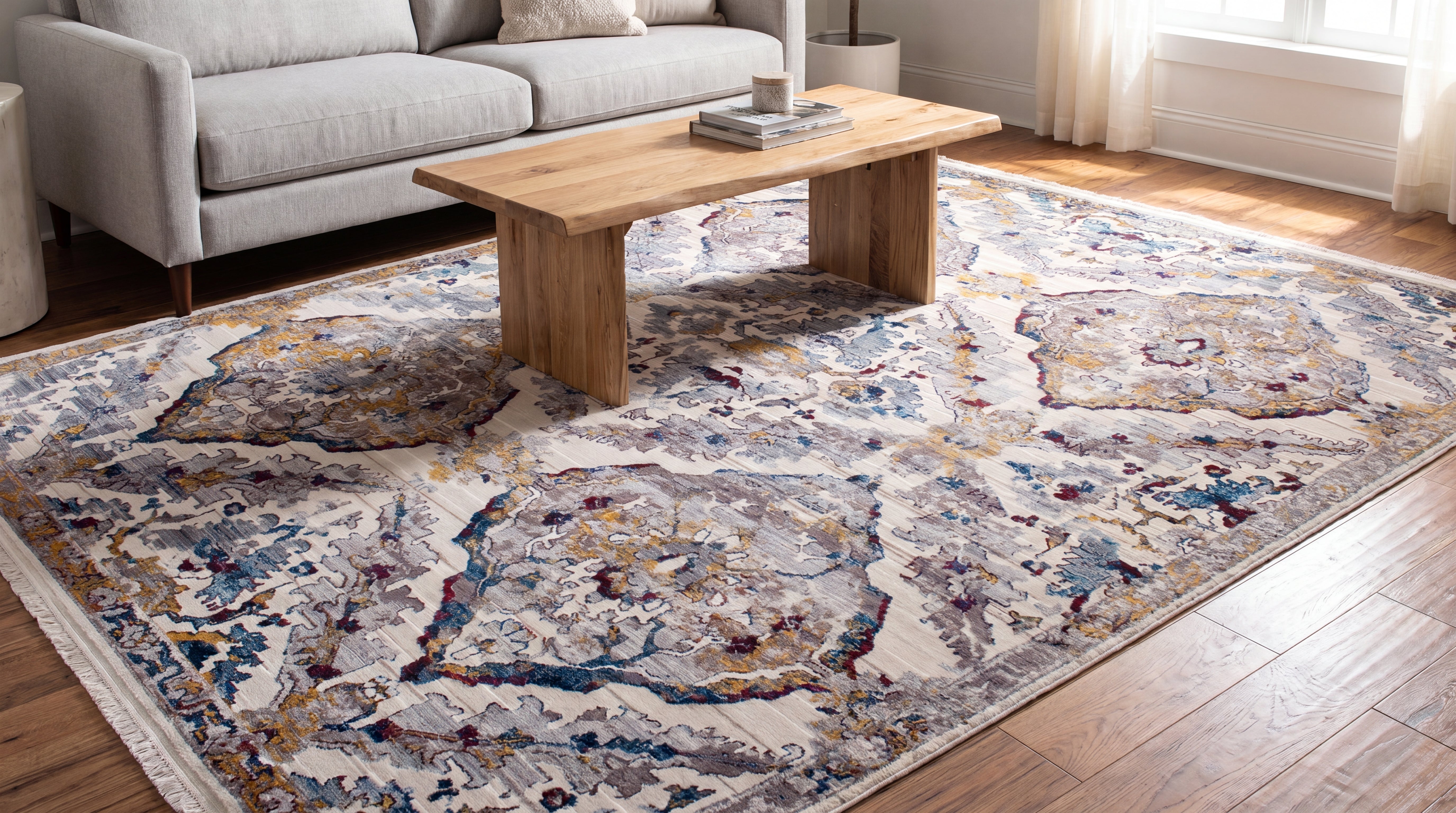 Living room with a large patterned Vintage Area Rug in Blue and Gold Diamond and gray sofa.