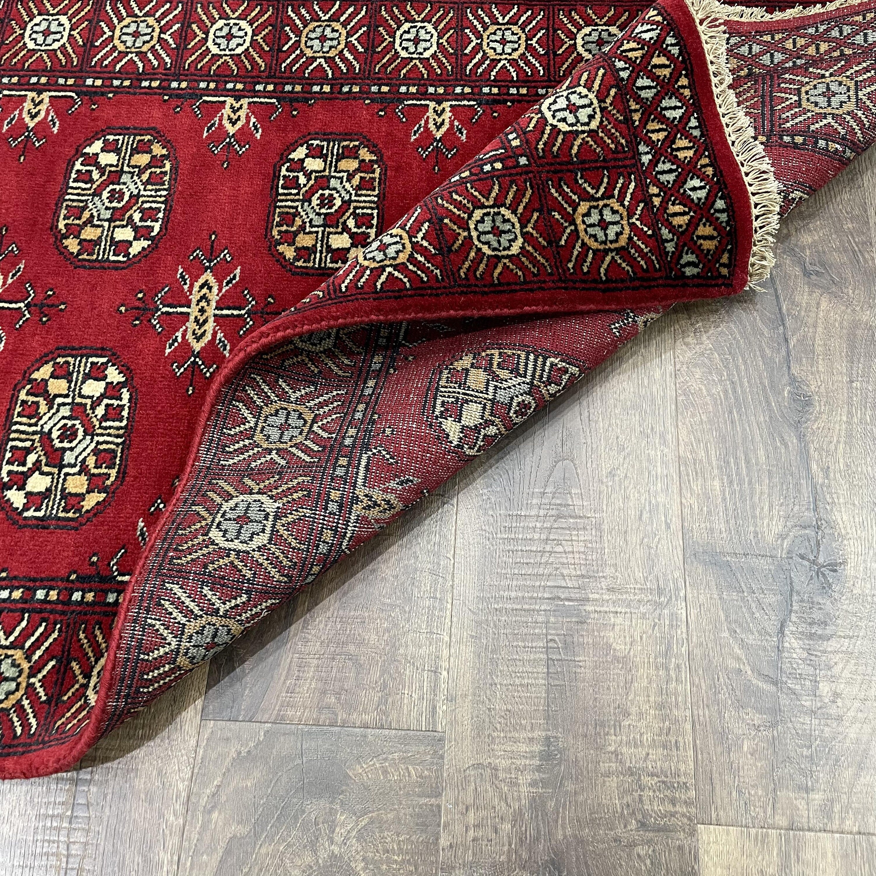 Buhara Red Wool Runner Rug: Hand-Knotted Tribal Geometric Carpet