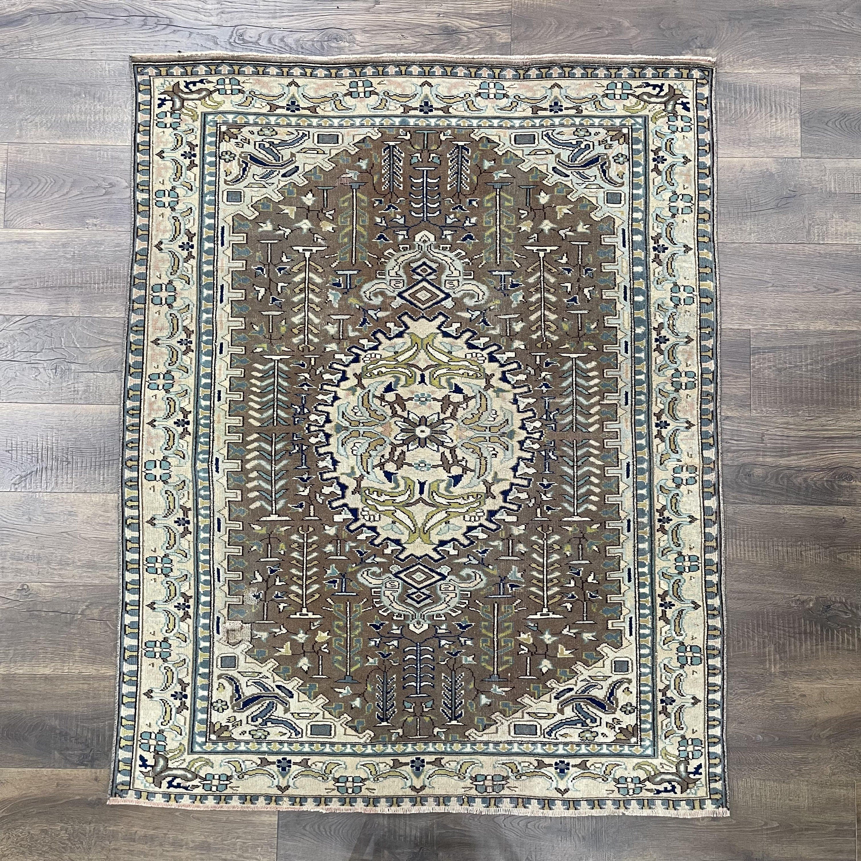 Hand-Knotted Turkish Area Rug: Vintage Anatolian Gray Taupe Wool (4’2”x5’4”)