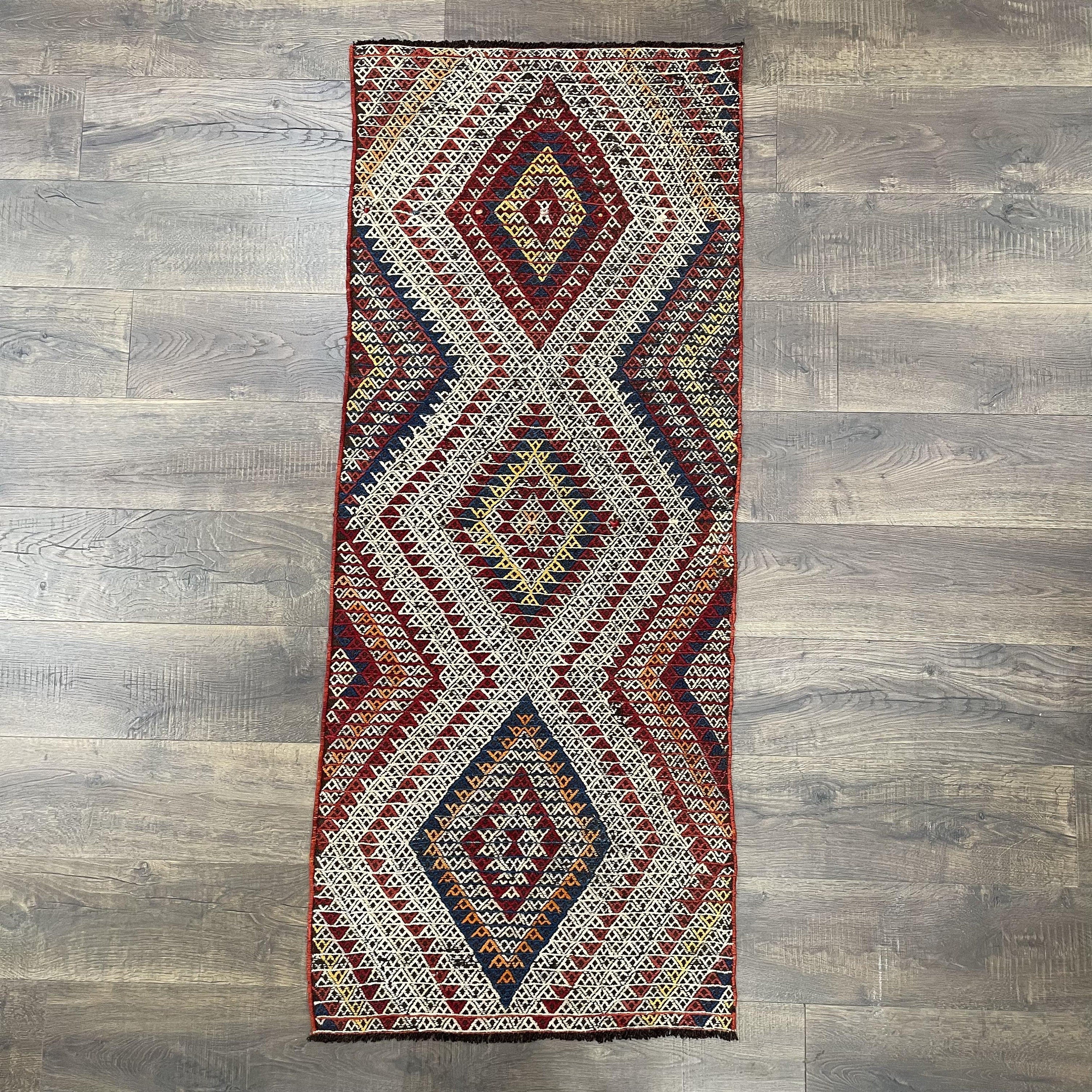 Vintage Turkish Kilim Runner Rug: Embroidered Wool Flat Weave (2.2x5.5 Ft)