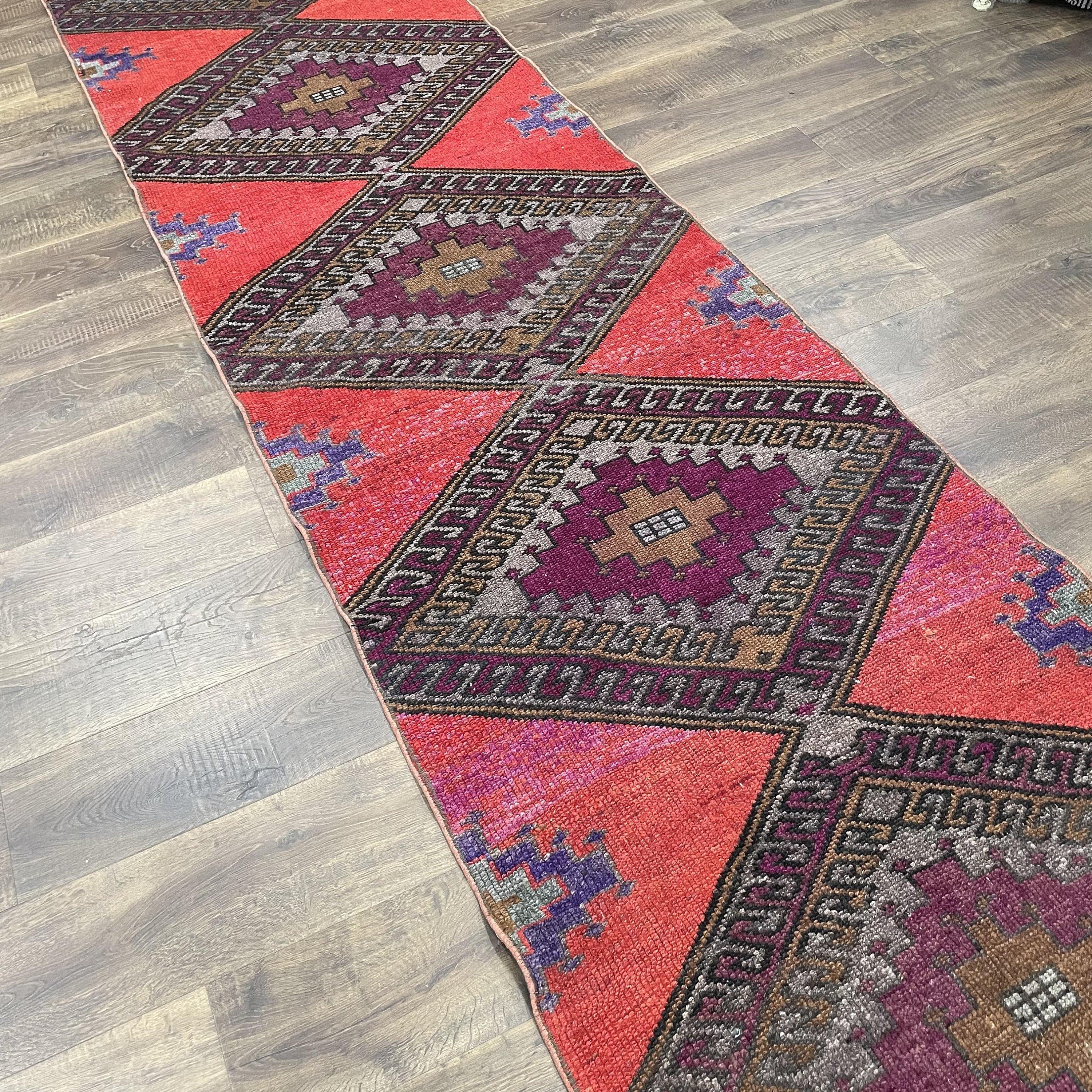 Hand-Knotted Distressed Wool Runner Rug: 3x11.5 ft Boho Chic Medallion Hallway Rug