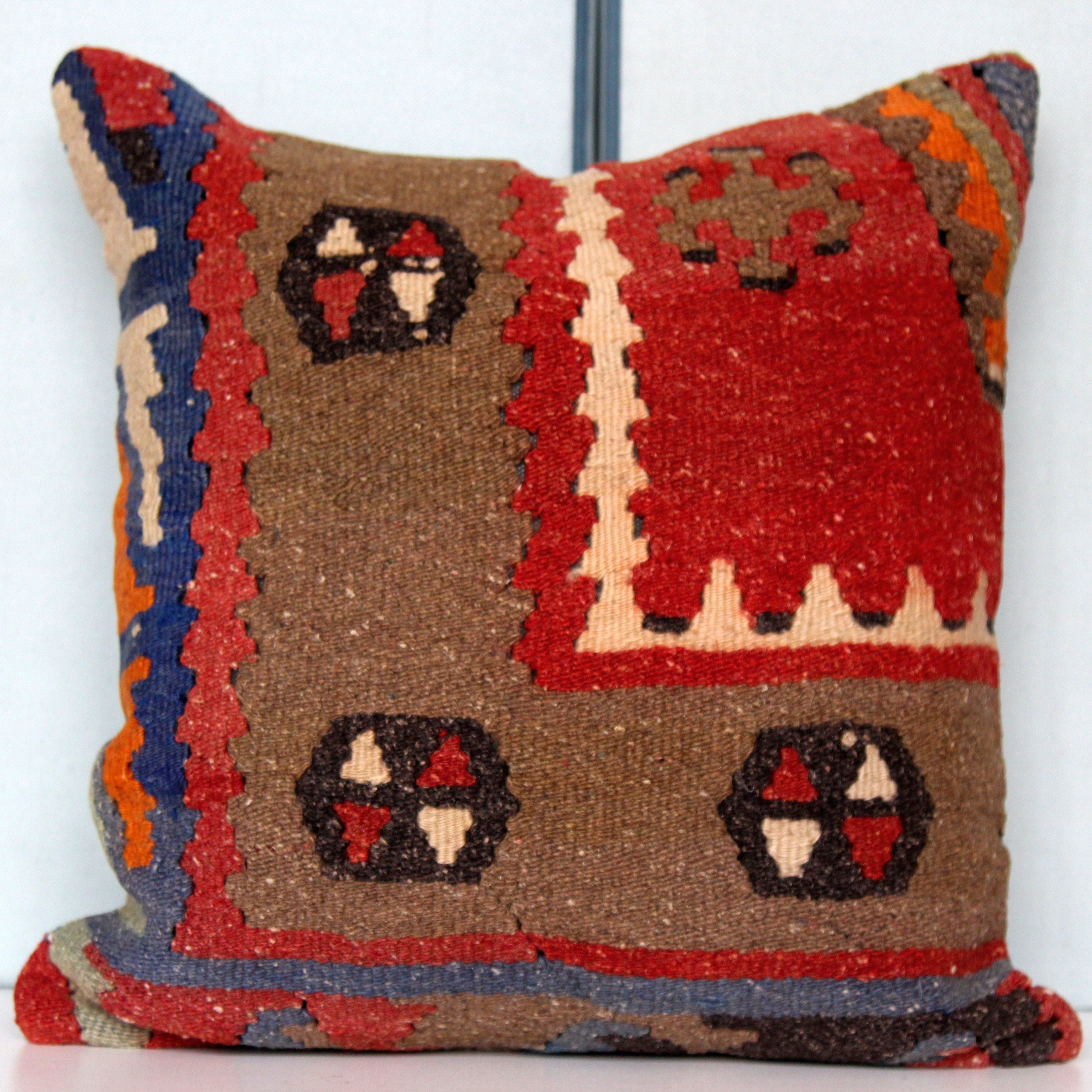 Square Turkish Kilim Pillow Cover: Vintage Wool, Handmade 16x16