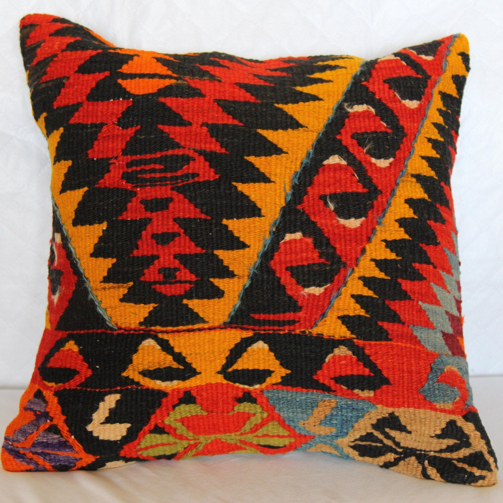 Antique Kilim Pillow Cover: Handwoven Wool Rug, 16x16 Inch