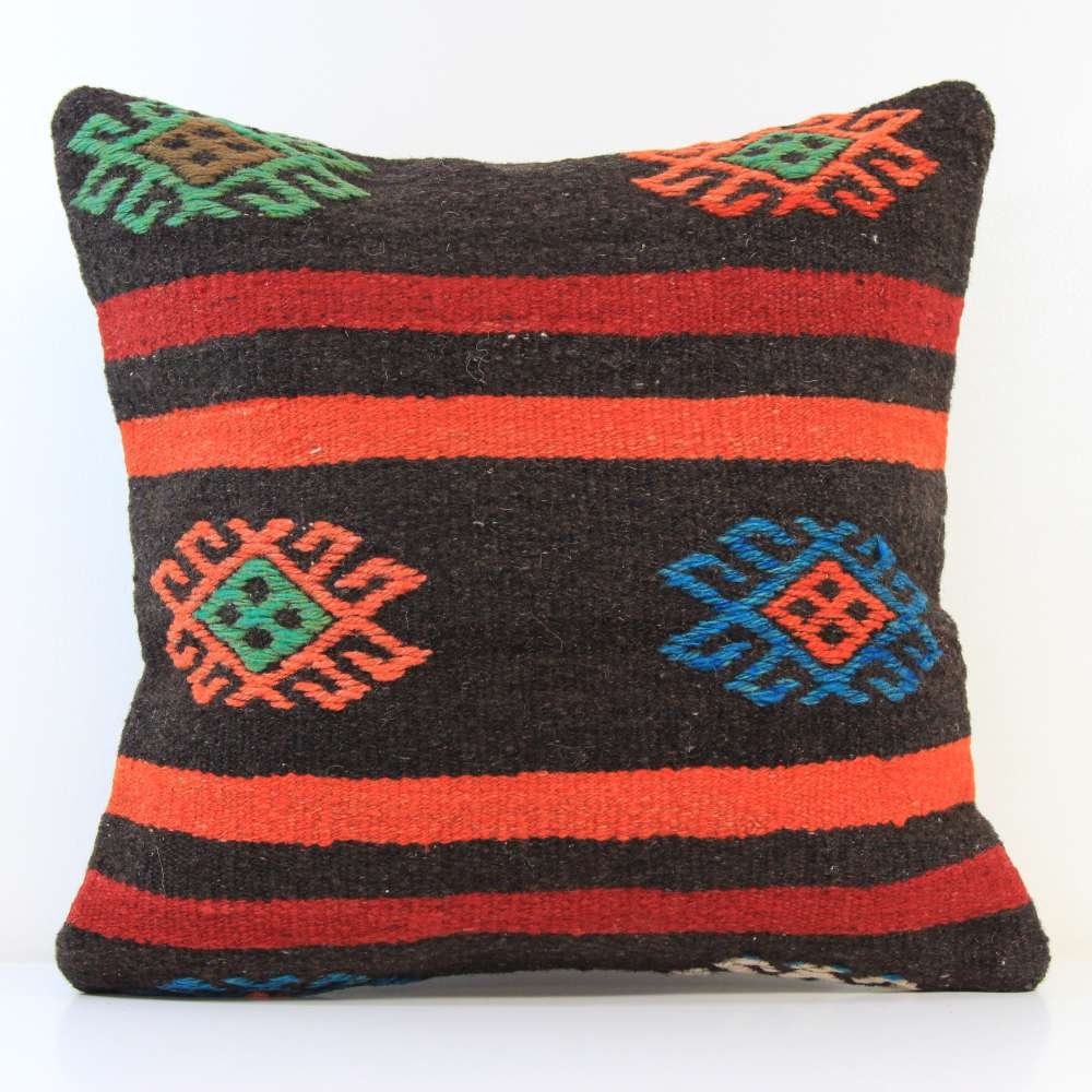 Vintage Kilim Pillow Cover 16x16: Handwoven Wool Embroidered Cushion