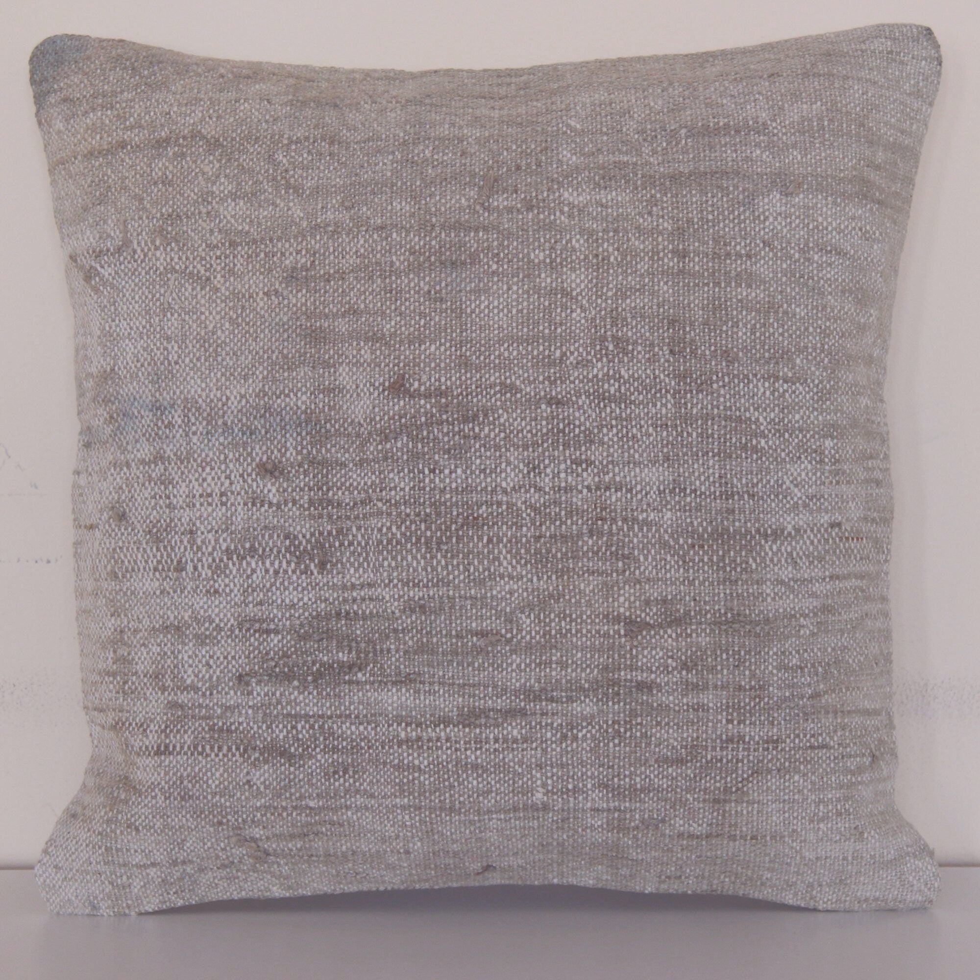 Vintage Hand-Knotted Wool Kilim Pillow: Neutral Rug Throw (16x16)