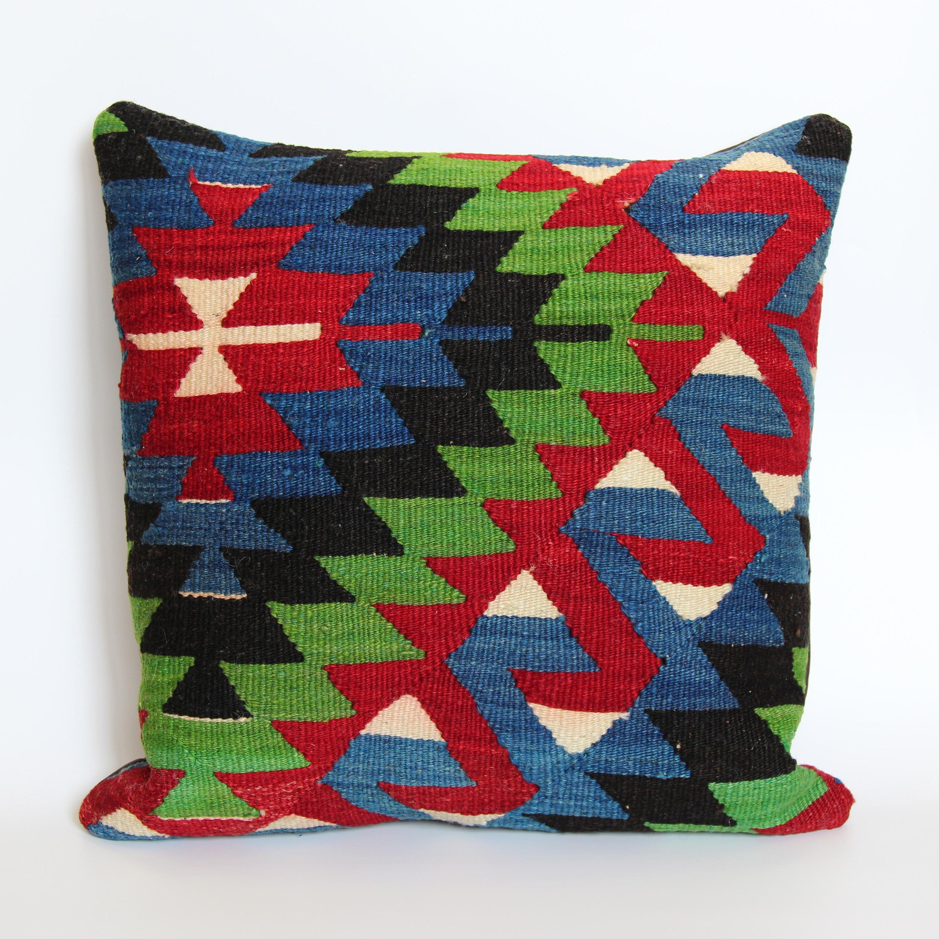 Vintage Turkish Kilim Pillow Cover: Handwoven Wool Throw Cushion (18x18)