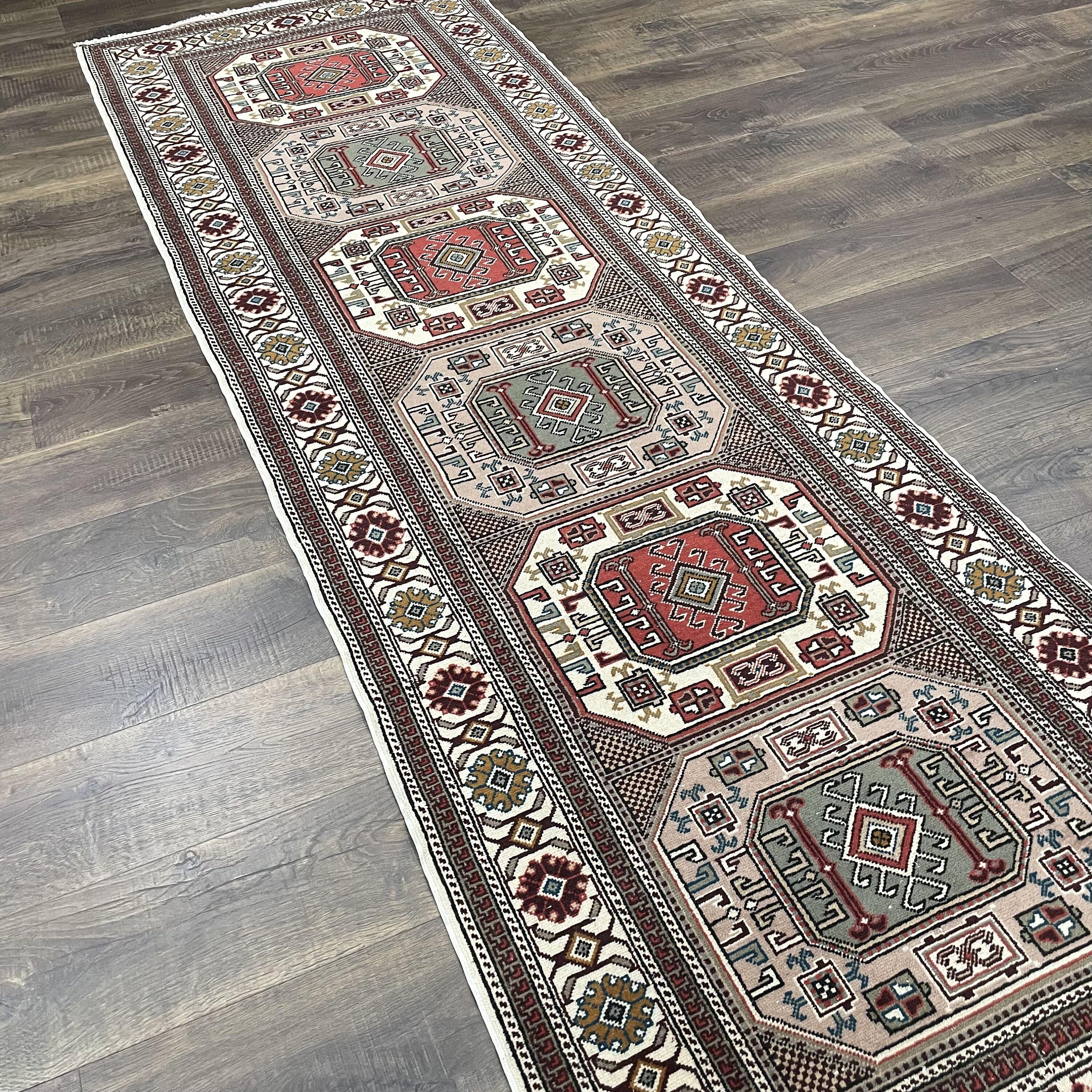 Vintage Turkish Wool Runner Rug: Hand-Knotted Geometric Medallion, Earth Tone