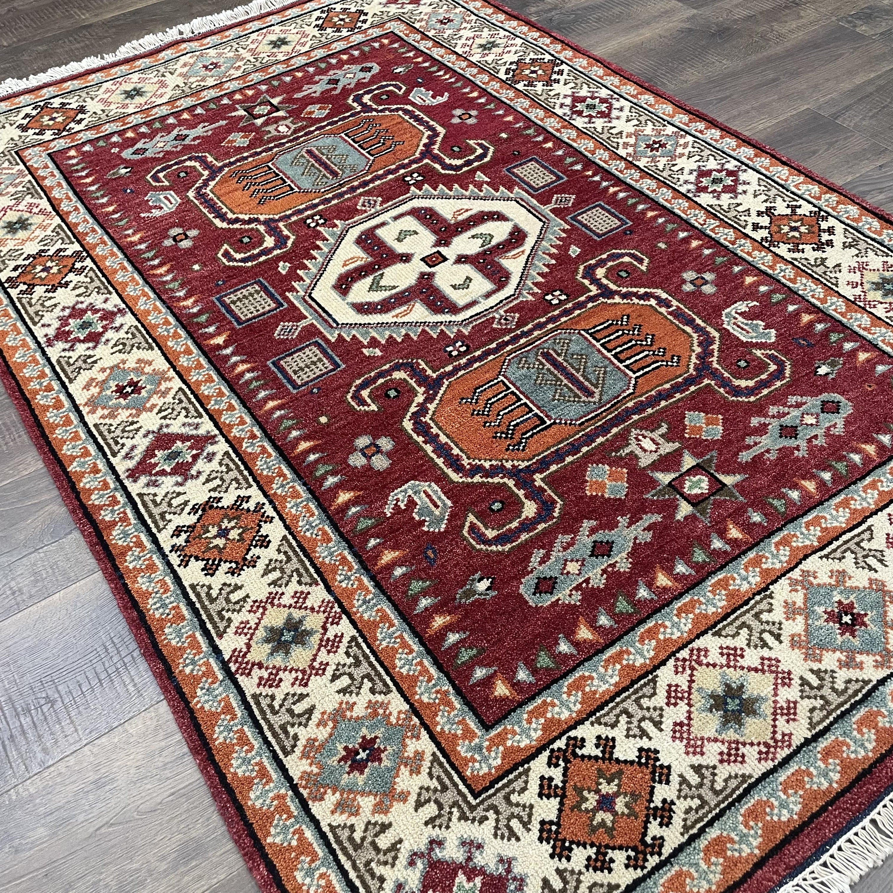 Hand-Knotted Turkish Wool Rug: 4x6 Vintage Geometric Carpet