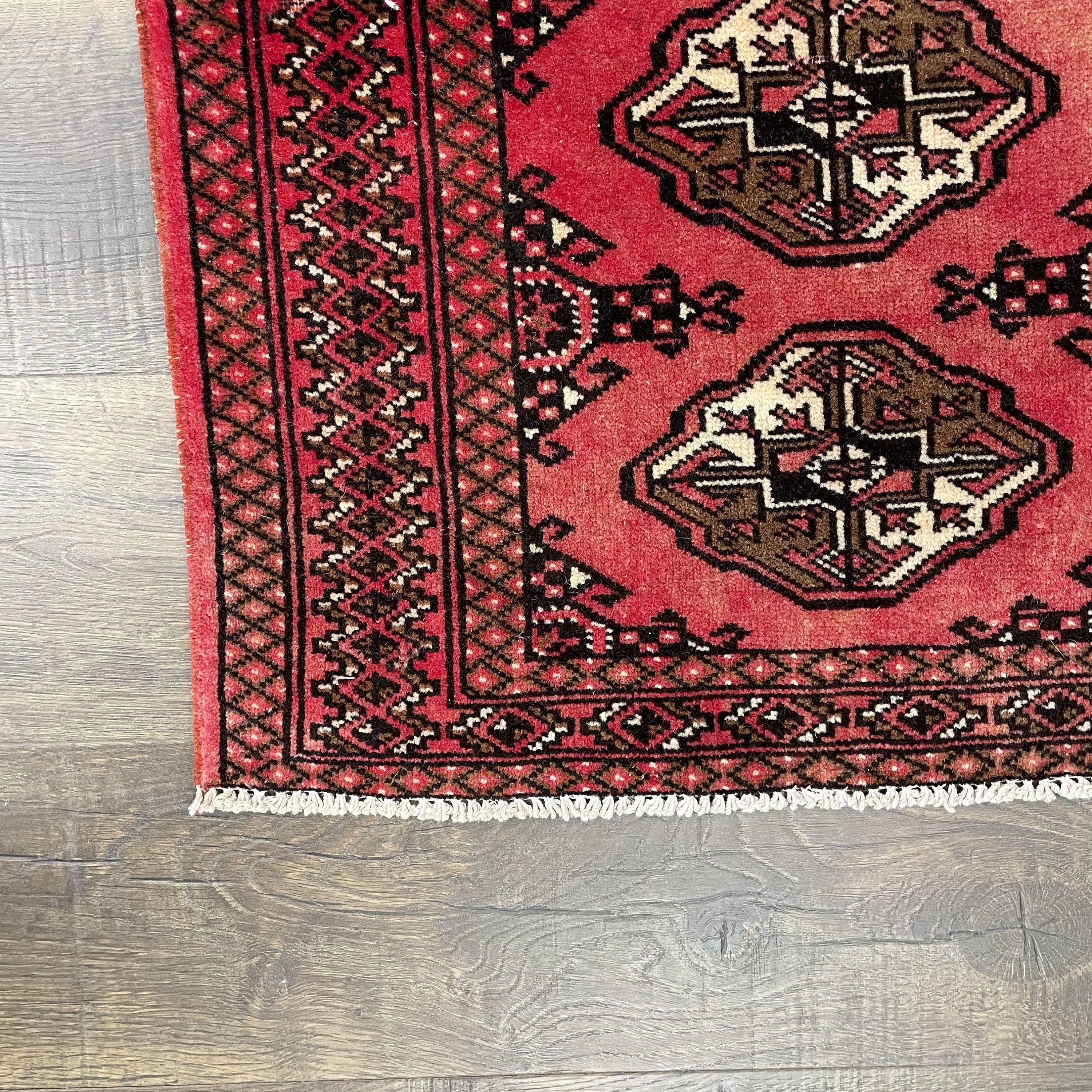 Hand-Knotted Red Buhara Rug: 4x6 Vintage Turkish Geometric Carpet