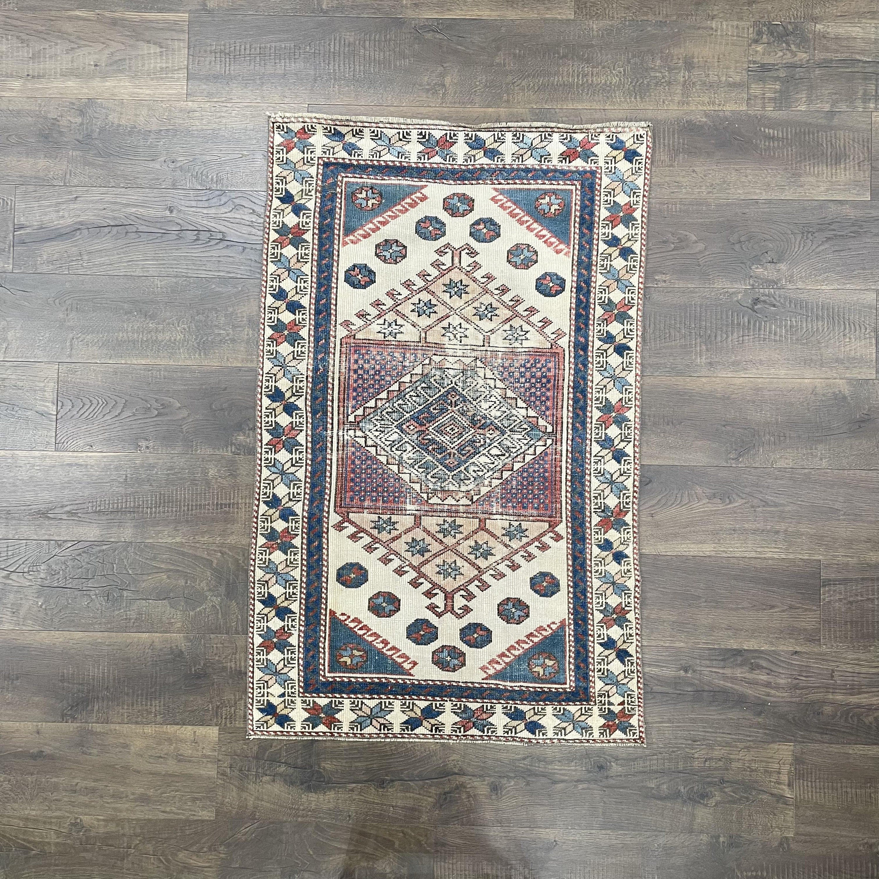 Hand Knotted Wool Rug 3x5: Vintage Distressed Geometric Entryway Rug