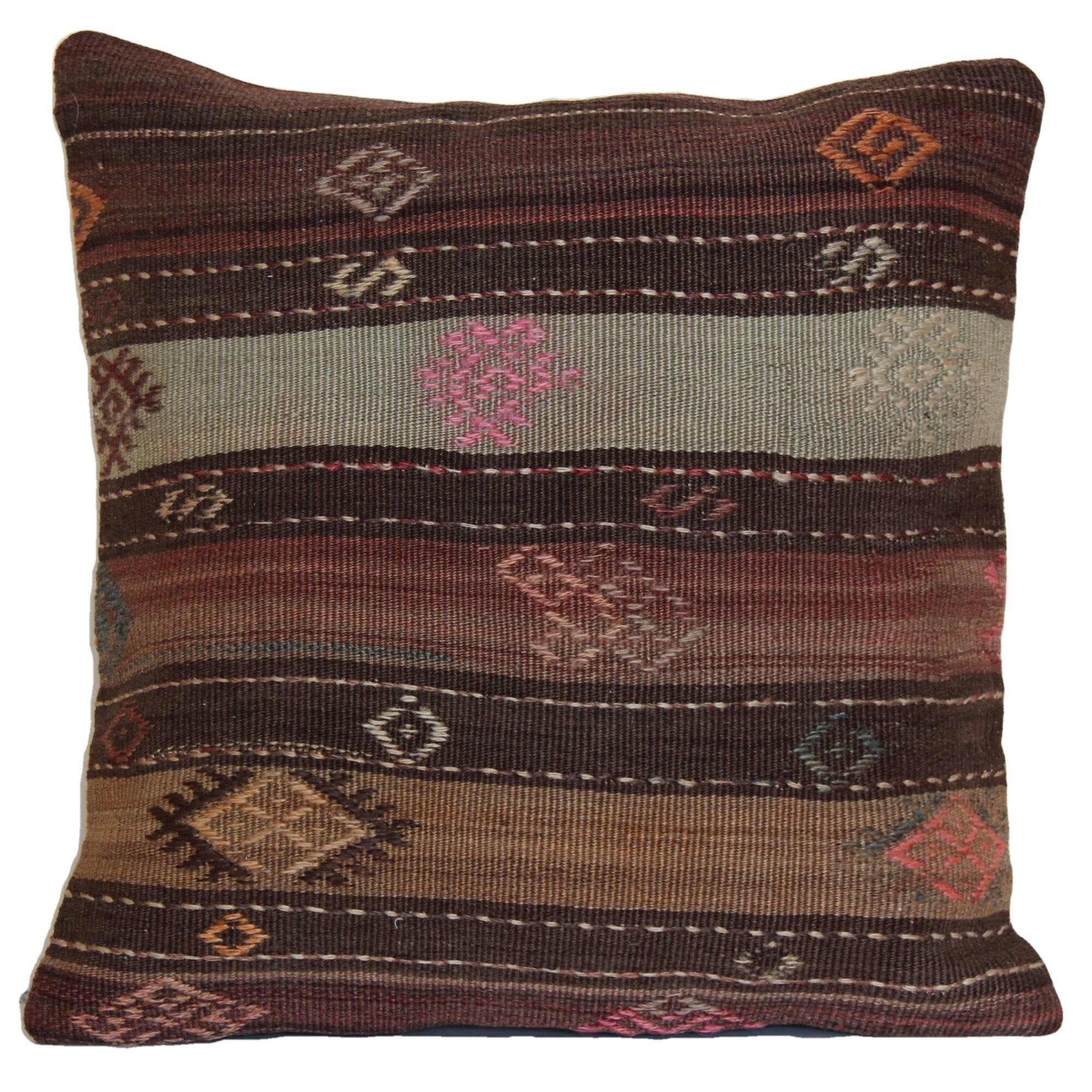 Unique Hand-Knotted Kilim Rug Pillow 16x16 - Vintage Decorative Accent Cushion
