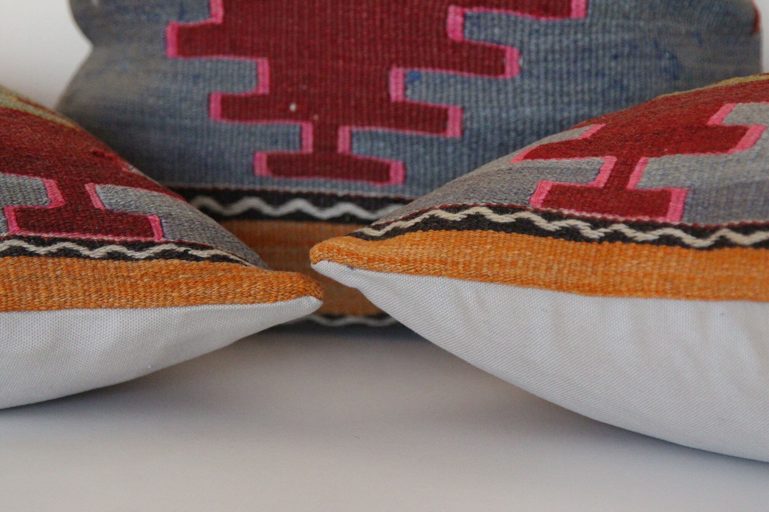 Set of 3 Vintage Kilim Pillow Covers: 16x16 Wool Rug Cases