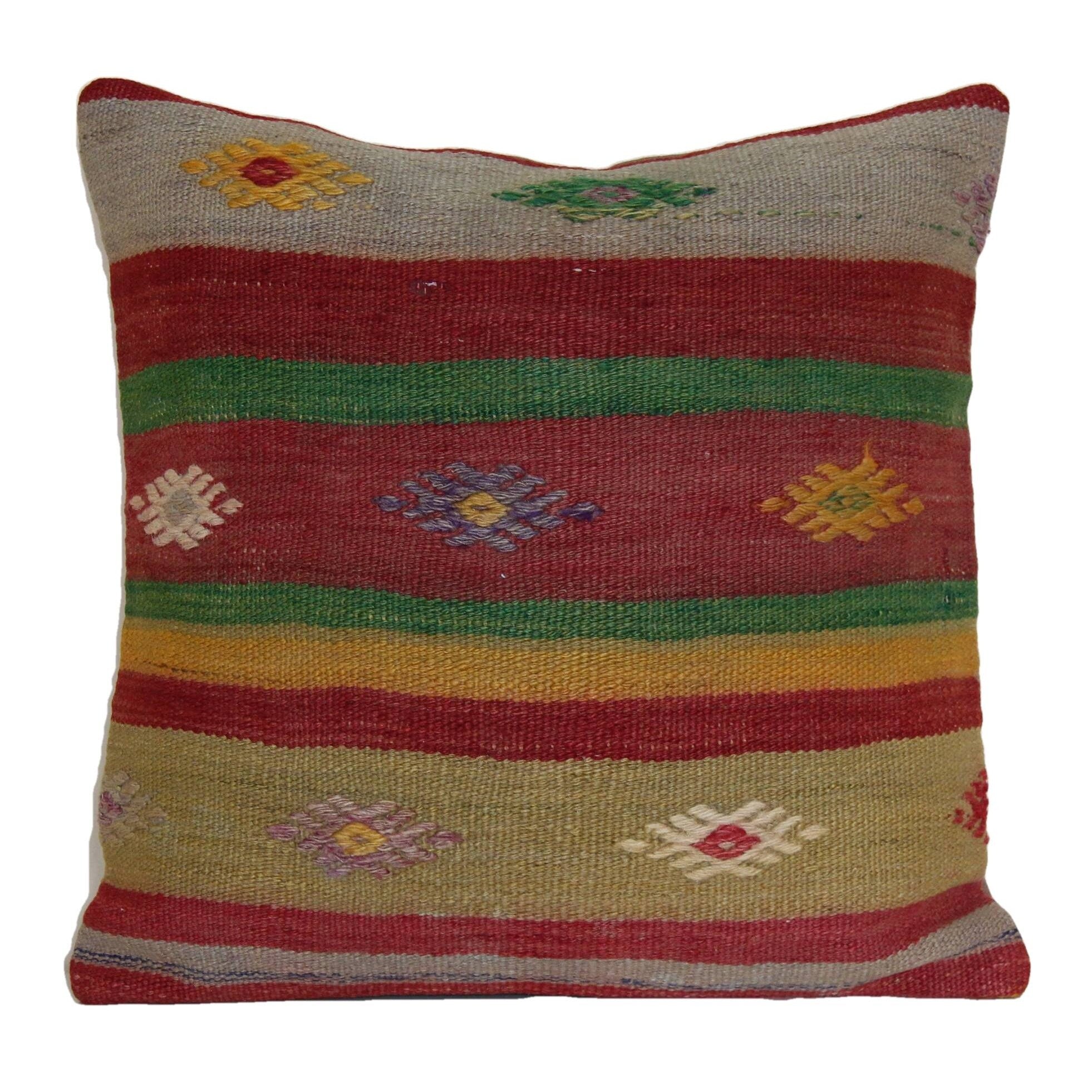 Vintage Rug Pillow Cover - Hand-Knotted Wool Kilim Cushion 16x16