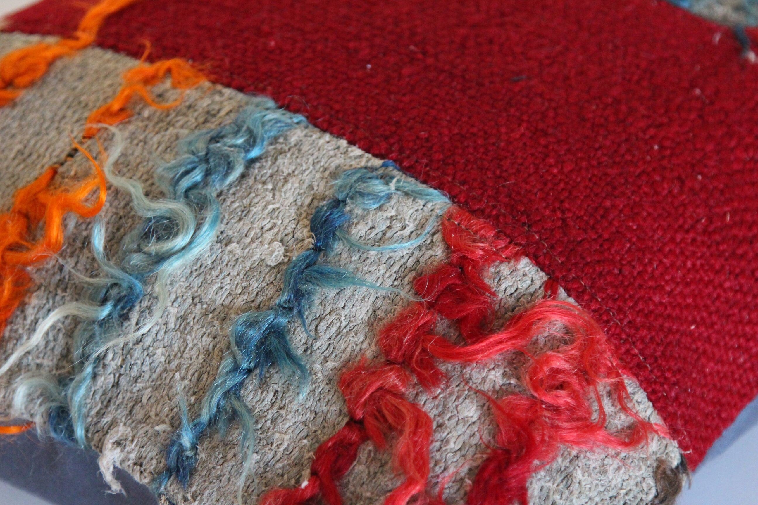 Shaggy Tulu Kilim Rug Pillow Cover, Handwoven Geometric Pattern Decorative Pillowcase, Red Blue Yellow