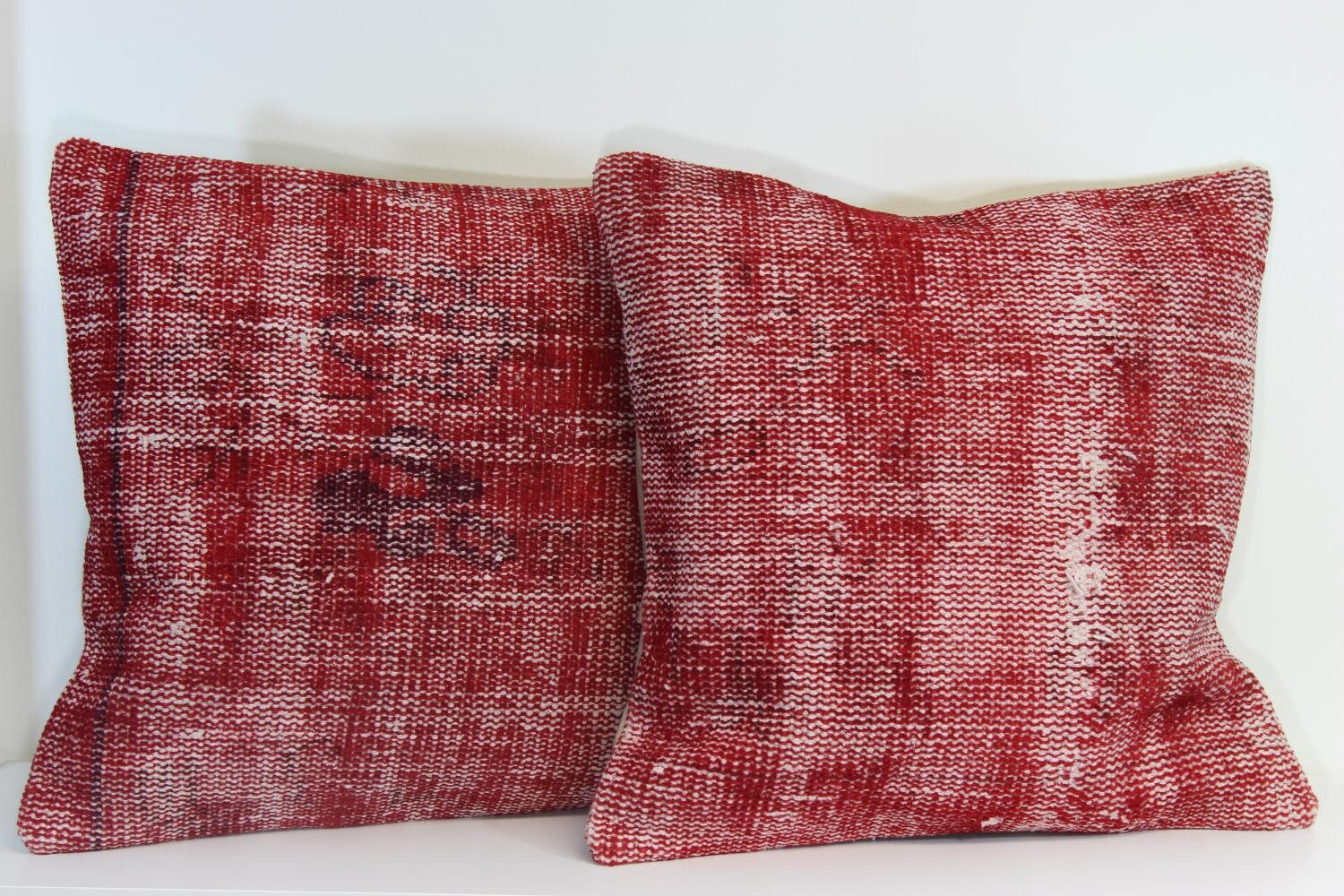 Set of 2 Red Wool Kilim Pillow Covers: Vintage Turkish Rug Pillows 18x18