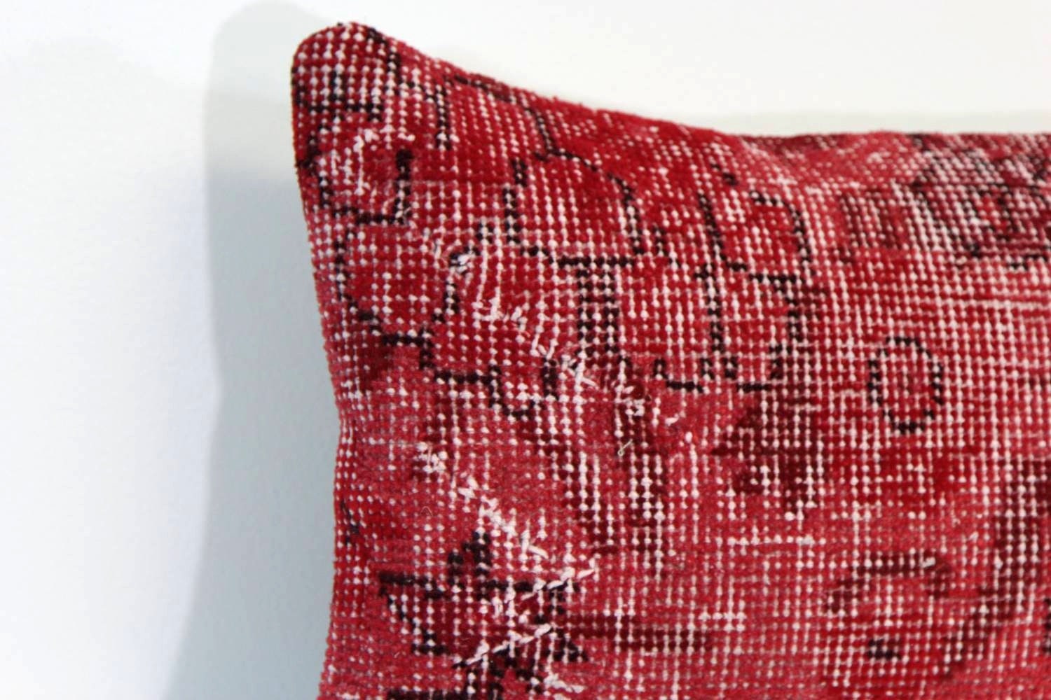 Red Turkish Kilim Pillow Cover: Hand-Knotted Wool Lumbar Pillow (12x20)
