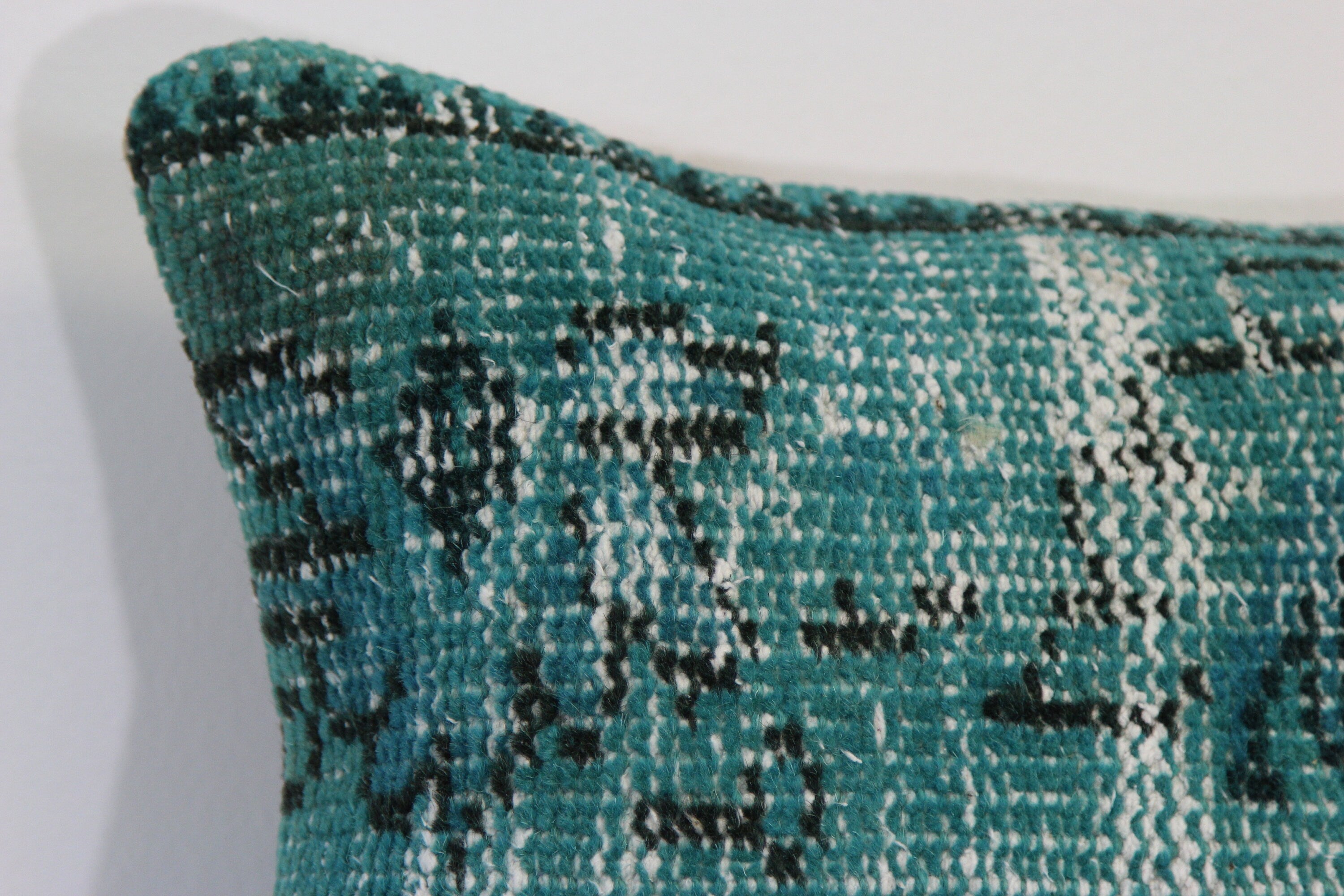 Hand-Knotted Turkish Wool Lumbar Pillow: Turquoise Overdyed Rug Design (12x20)