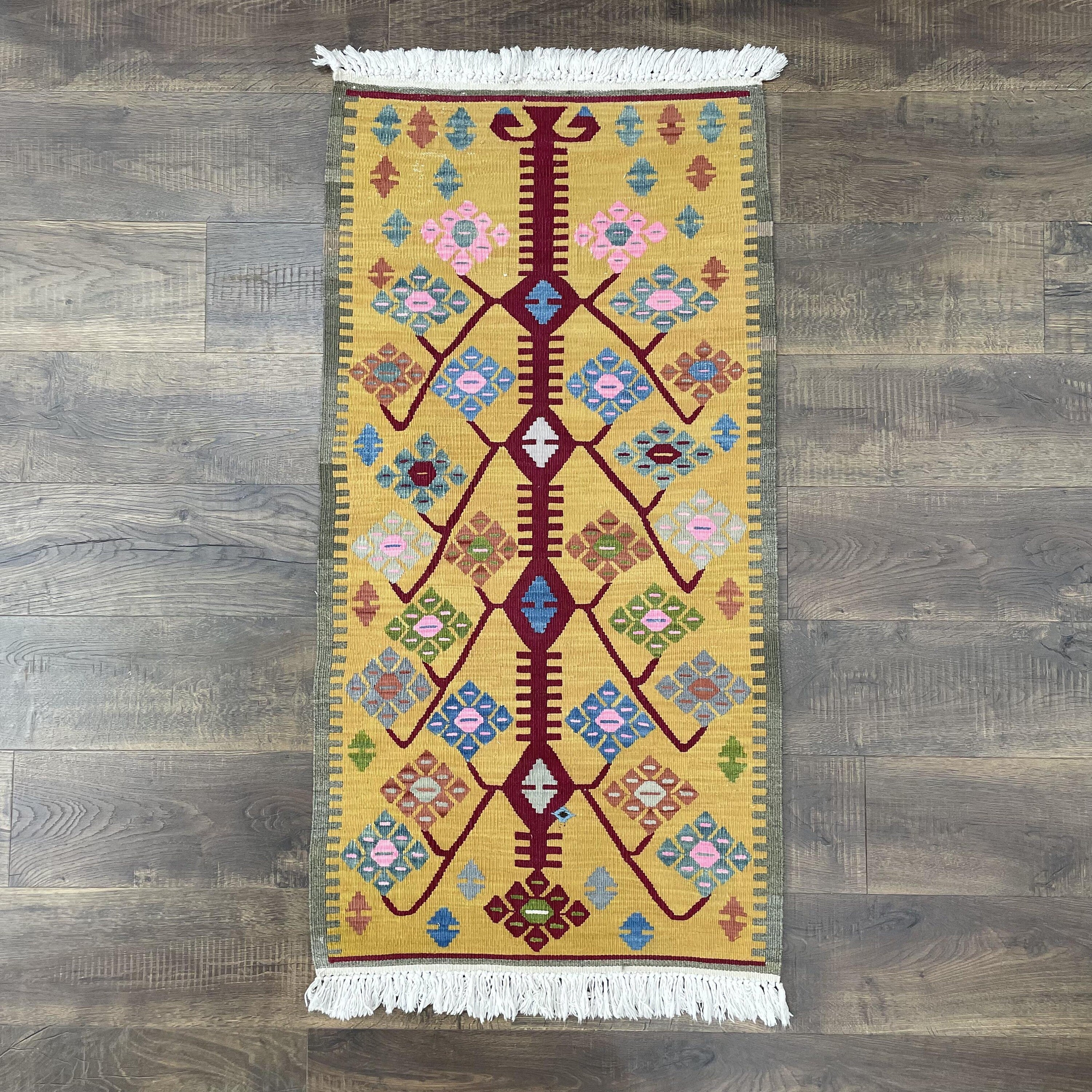Vintage Turkish Kilim Runner Rug: Tree of Life Wool Flatweave (2.2x4.4 Ft)