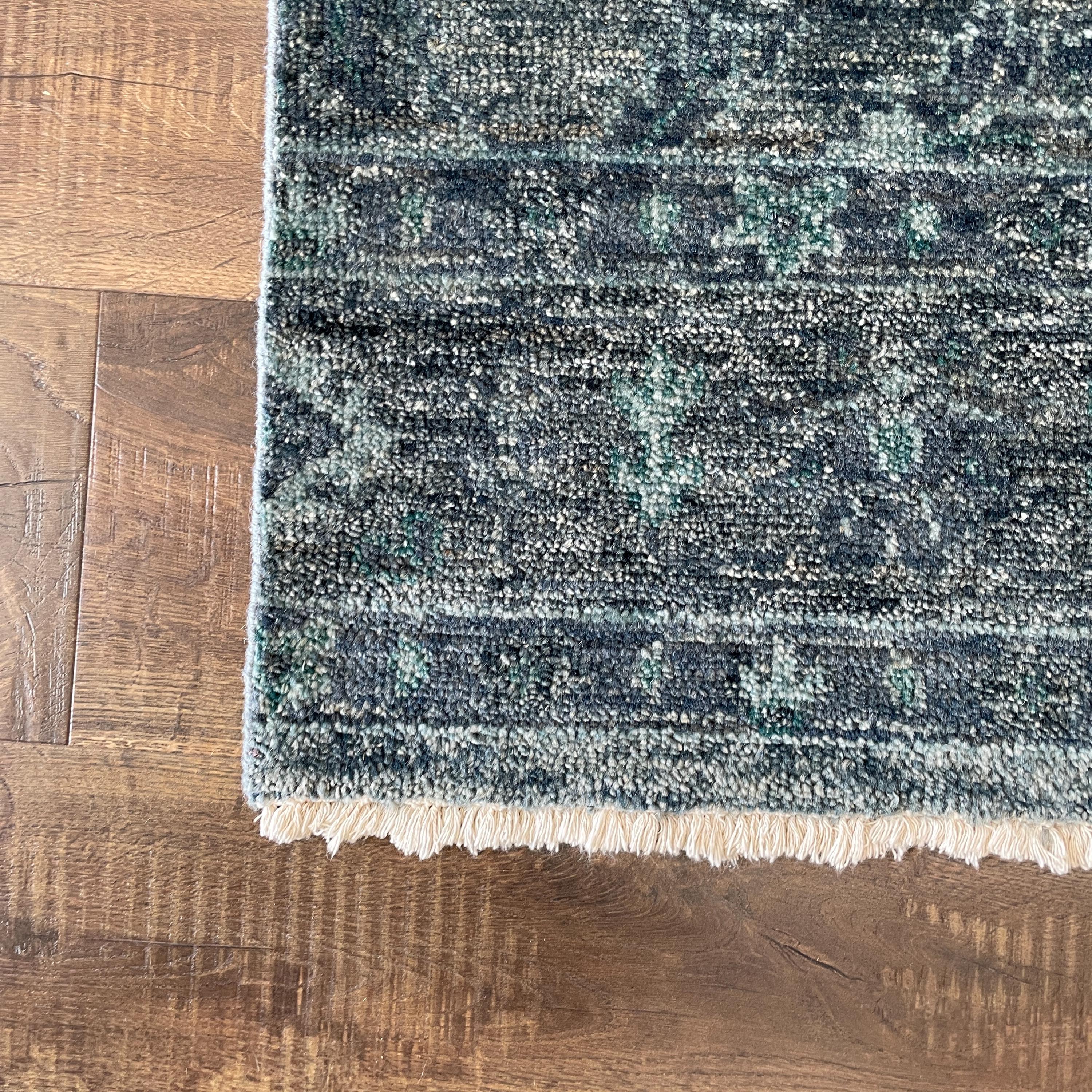 Handmade Distressed Blue Turkish Rug: Vintage Boho Accent (1'10"x3')