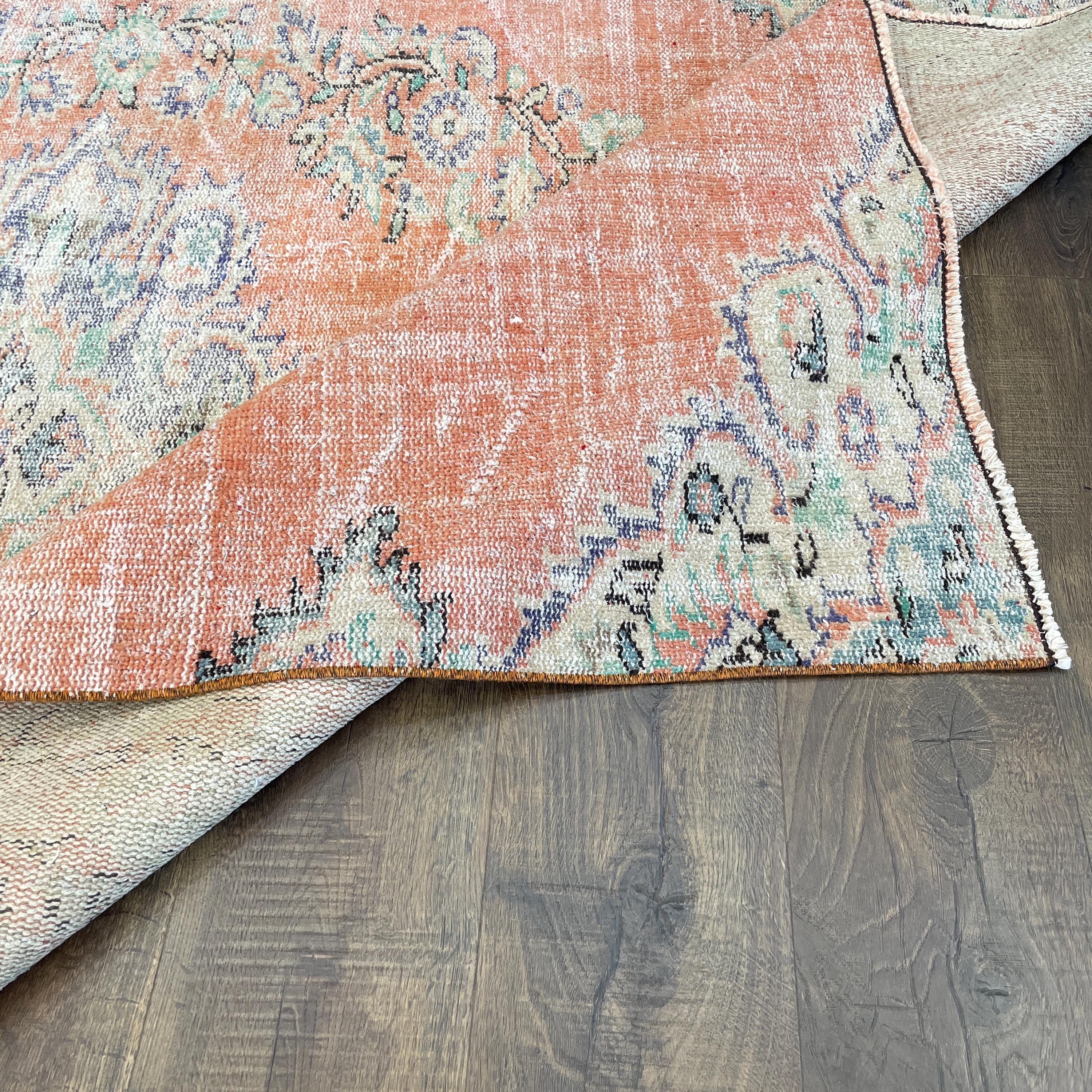 Handmade Turkish Area Rug: Distressed Peach and Blue Medallion Design