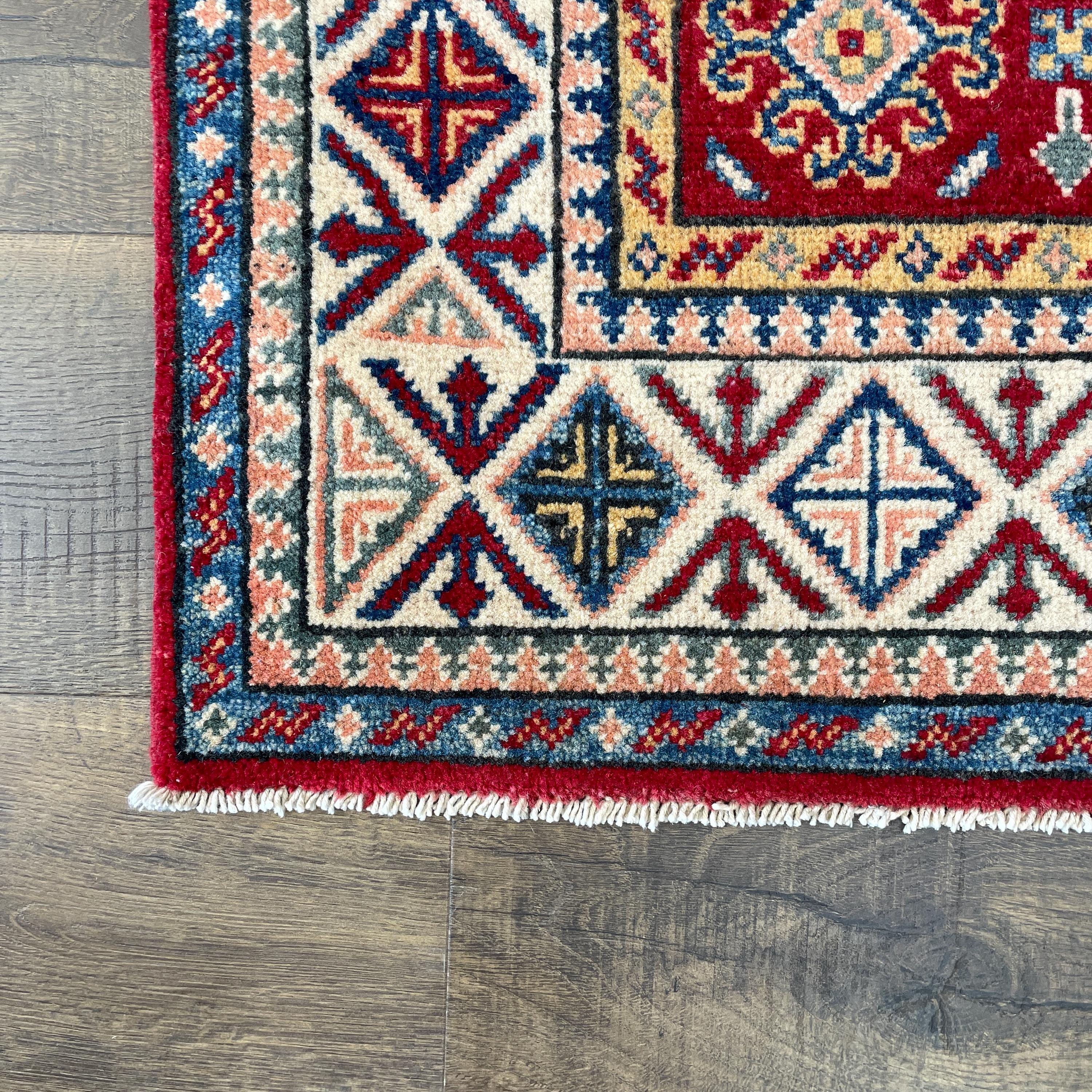 Handmade 4'x6' Red Turkish Rug – Bold Geometric Tribal Design, Unique Boho Area Rug
