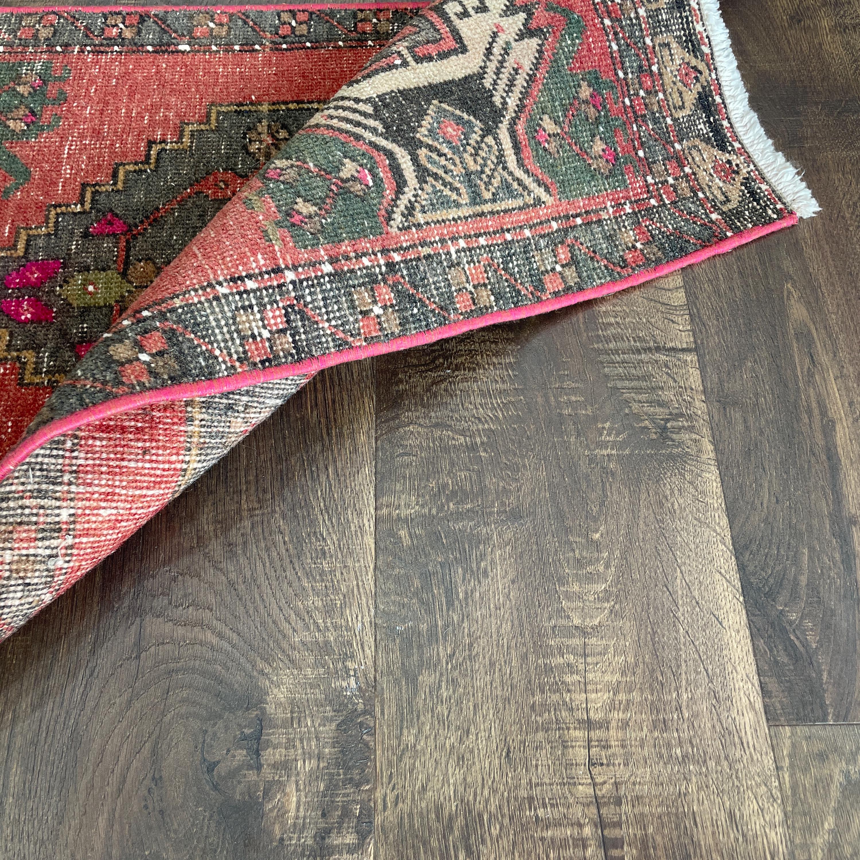Handmade Wool Accent Rug: Vintage Red-Pink Entryway Rug (1'7"x3')