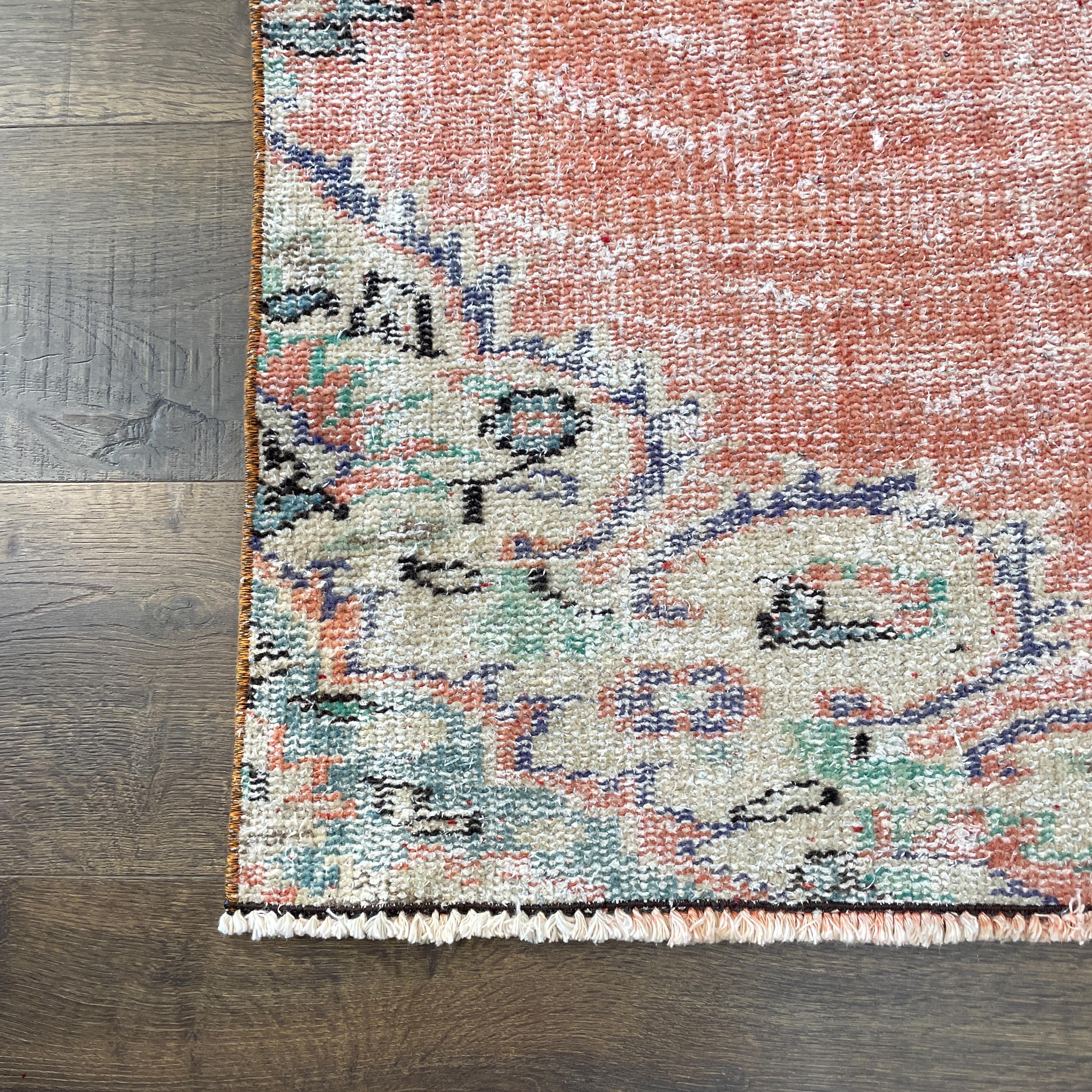 Handmade Turkish Area Rug: Distressed Peach and Blue Medallion Design
