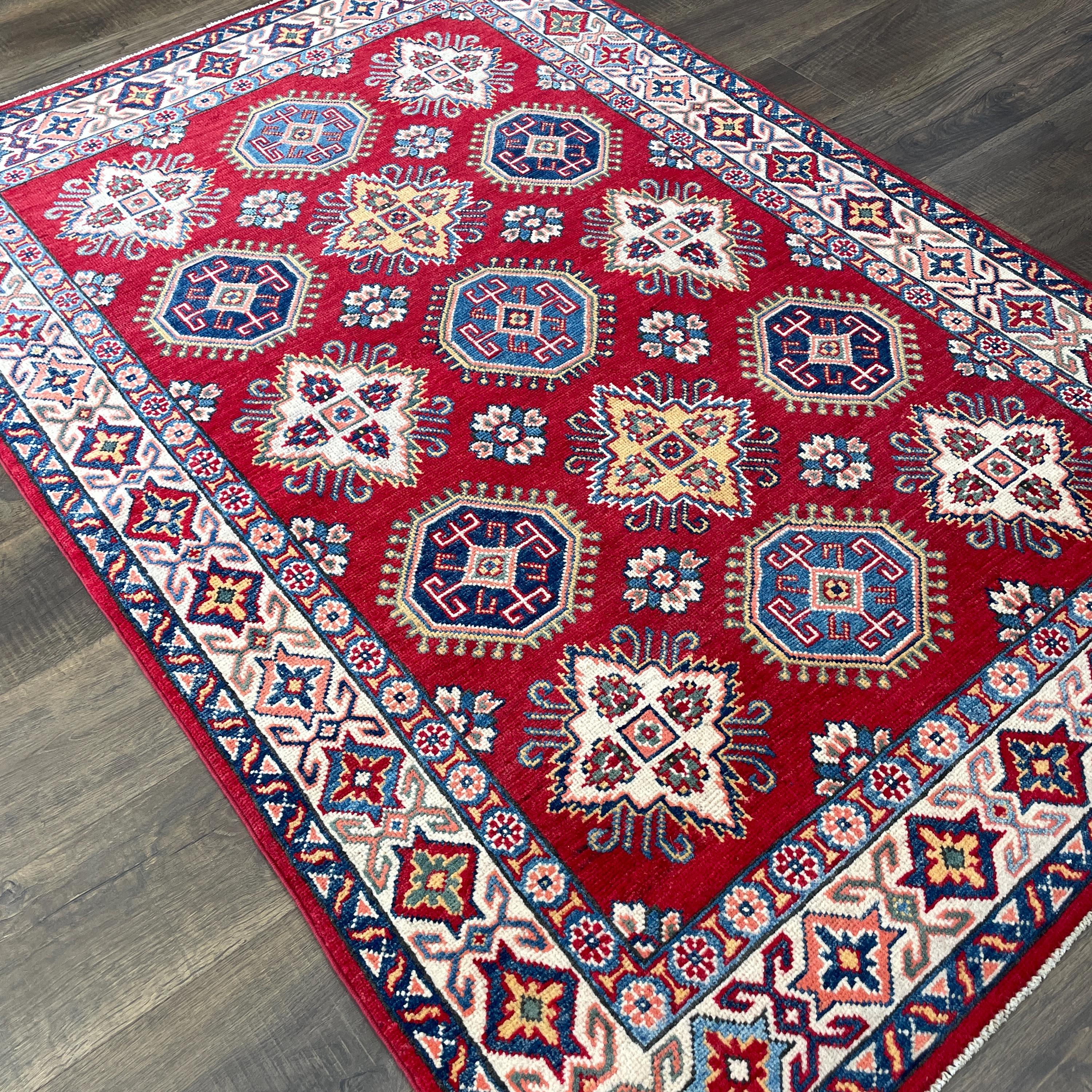 Handmade 4'2"x6'2" Turkish Red Rug – Traditional Geometric Medallion Pattern, Boho Area Rug