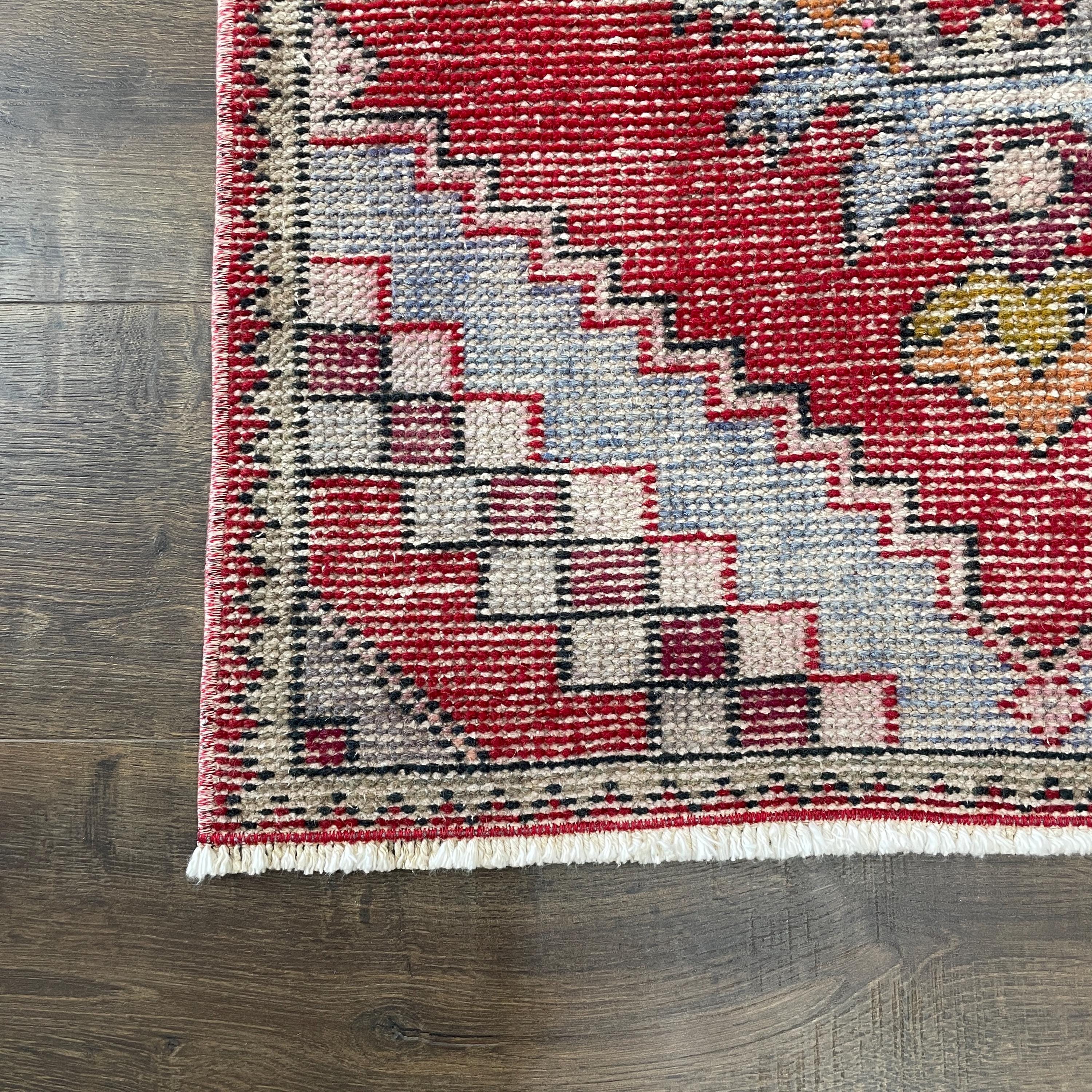 Handmade Turkish Wool Runner Rug: Vintage Red and Blue Hallway Rug (2'3"x8'10")