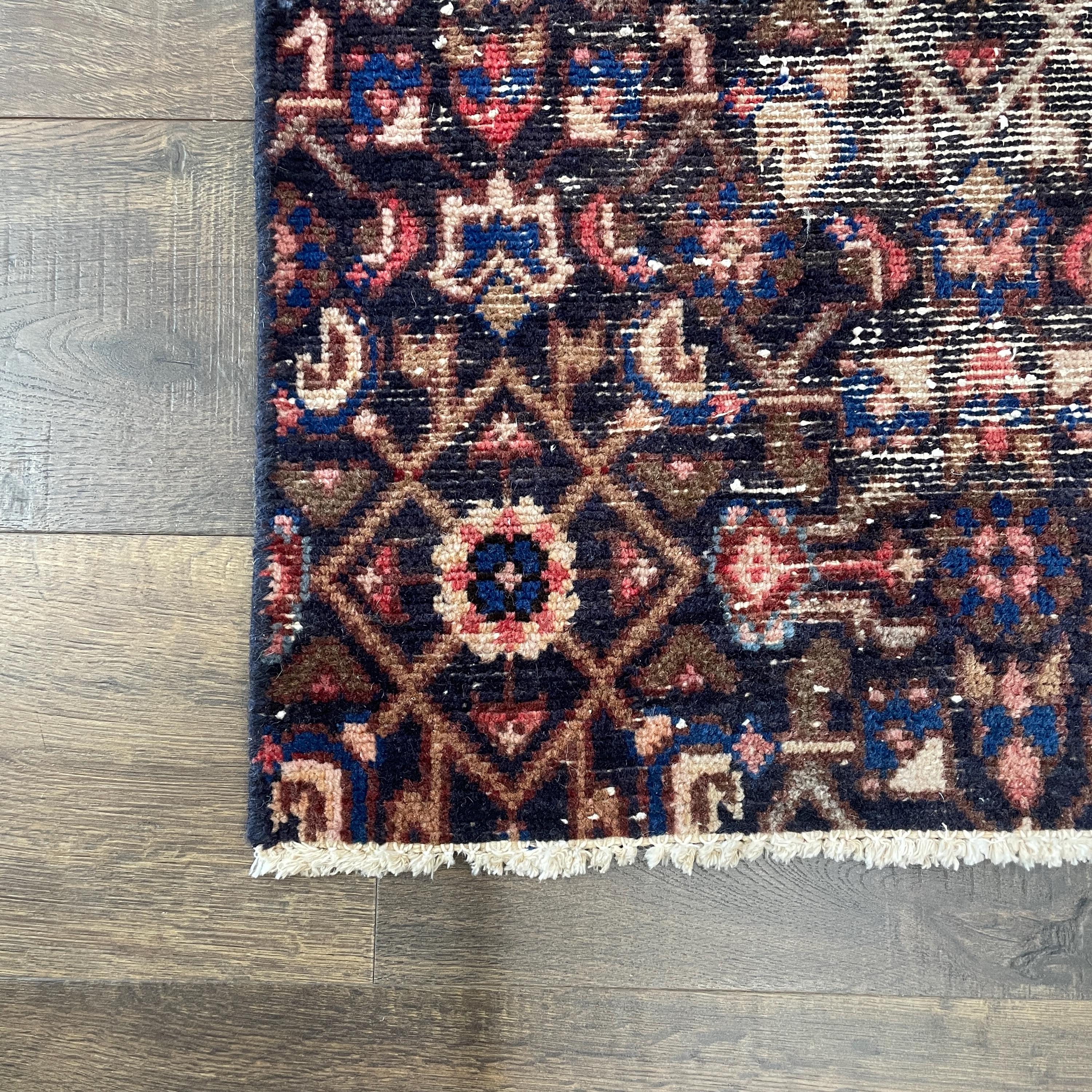 2'2"x7'6" Handmade Wool Runner Rug - Vintage Persian-Inspired Navy and Red Hallway Runner