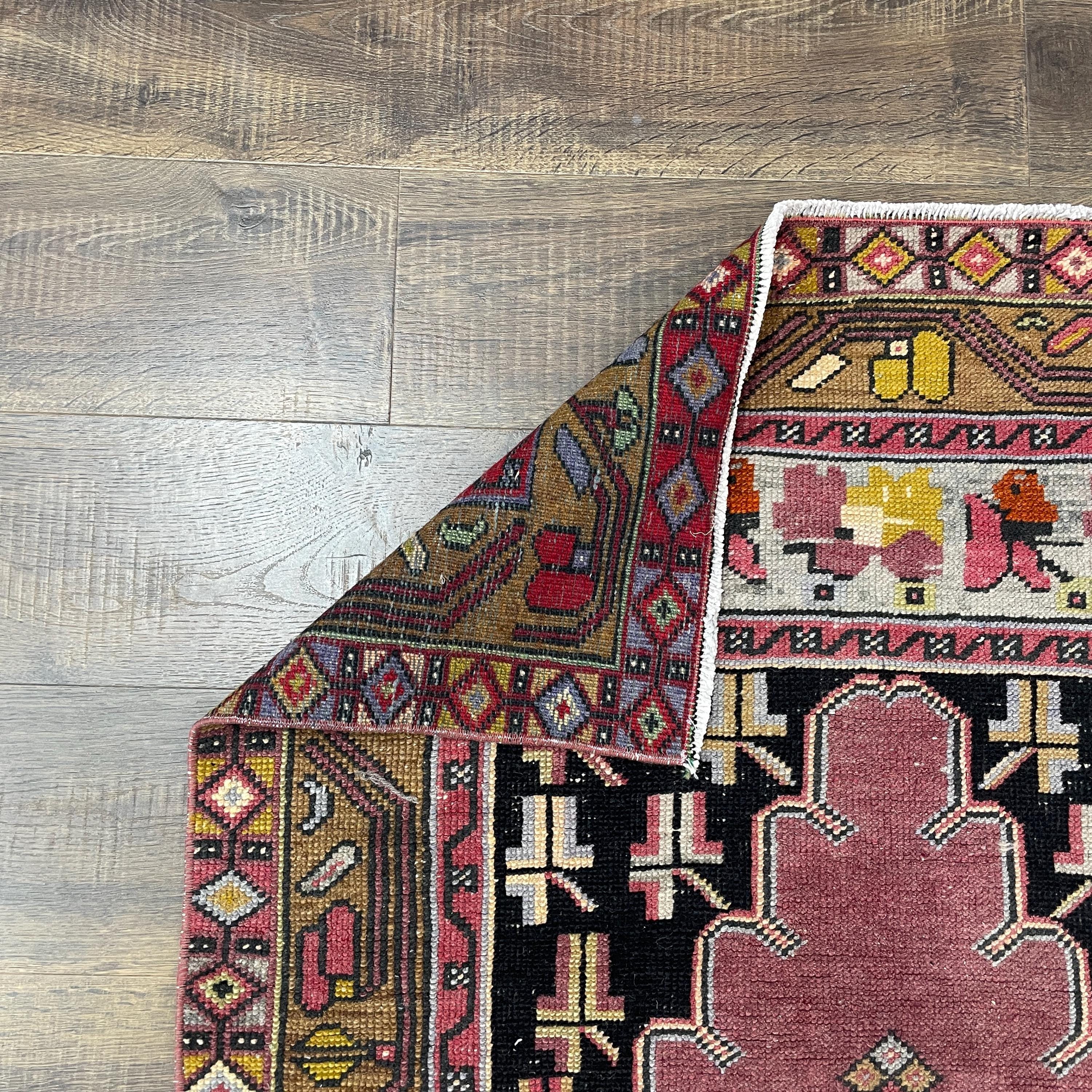 Handmade Wool Runner Rug - 3'1"x9'4" Boho Pink and Yellow Geometric Long Hallway Rug